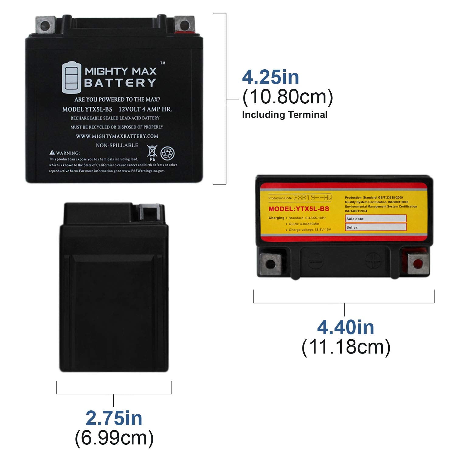 Ytx5L-Bs -12 Volt 4 Ah, 80 Cca, Rechargeable Maintenance Free Sla Agm Motorcycle Battery - 3 Pack