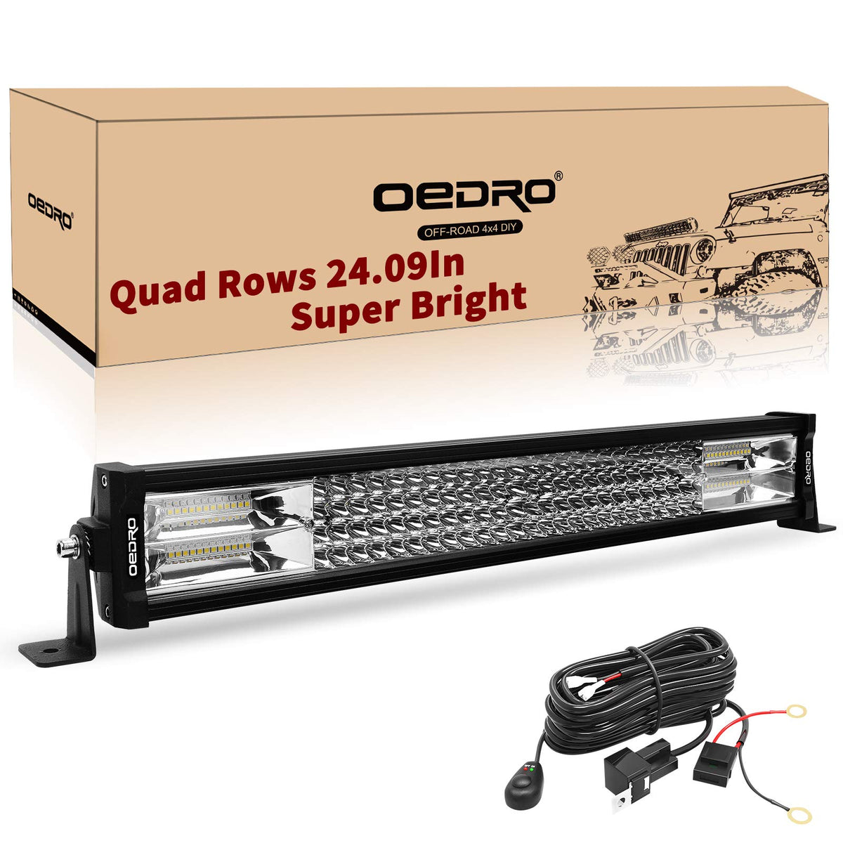 Oedro Led Light Bar 22 Inch Straight Quad-Row 520W 36400Lm Work Lights Spot Flood Combo Driving Fog Lights + Wiring Harness, Ip6