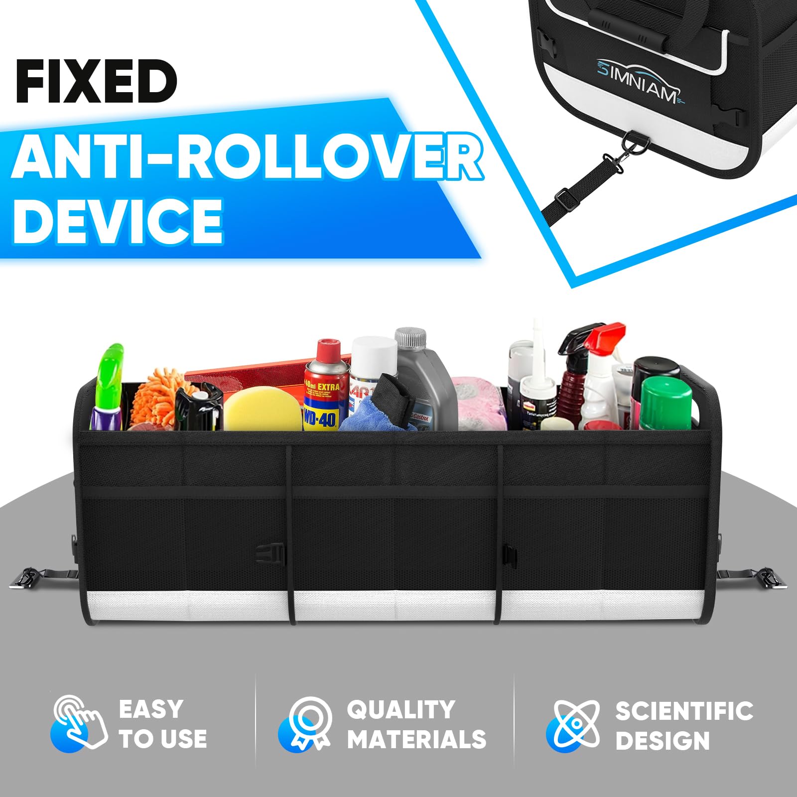 Simniam Large Car Trunk Organizer - 5 Compartments, Reinforced Handle, Securing Straps, Black - Ideal for SUV, Truck, Minivan Storage