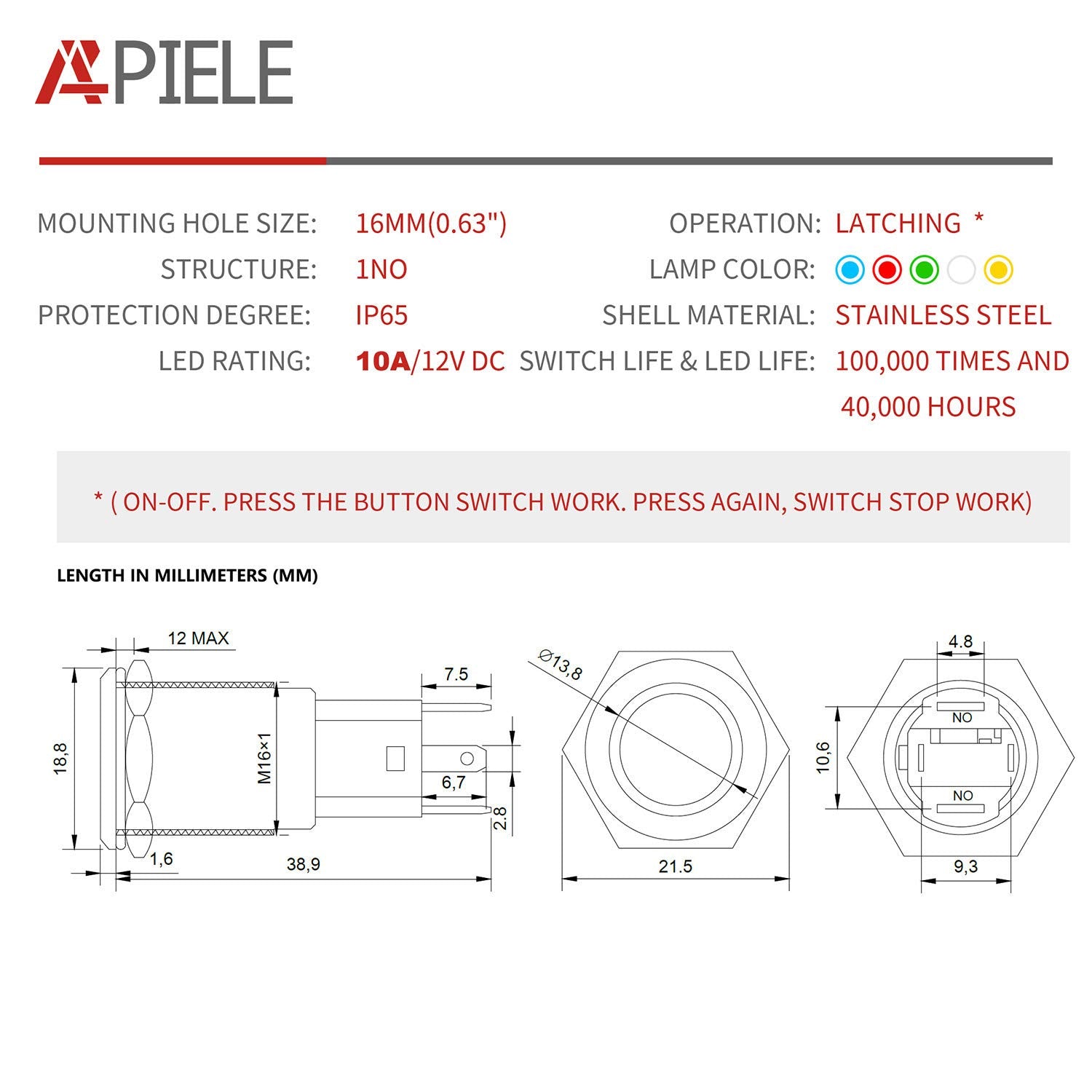 Apiele 10 Amp 16Mm Latching Push Button Switch 12V Angel Eye Led Waterproof Round Self-Locking 1No (Silver Stainless Steel, Blue)