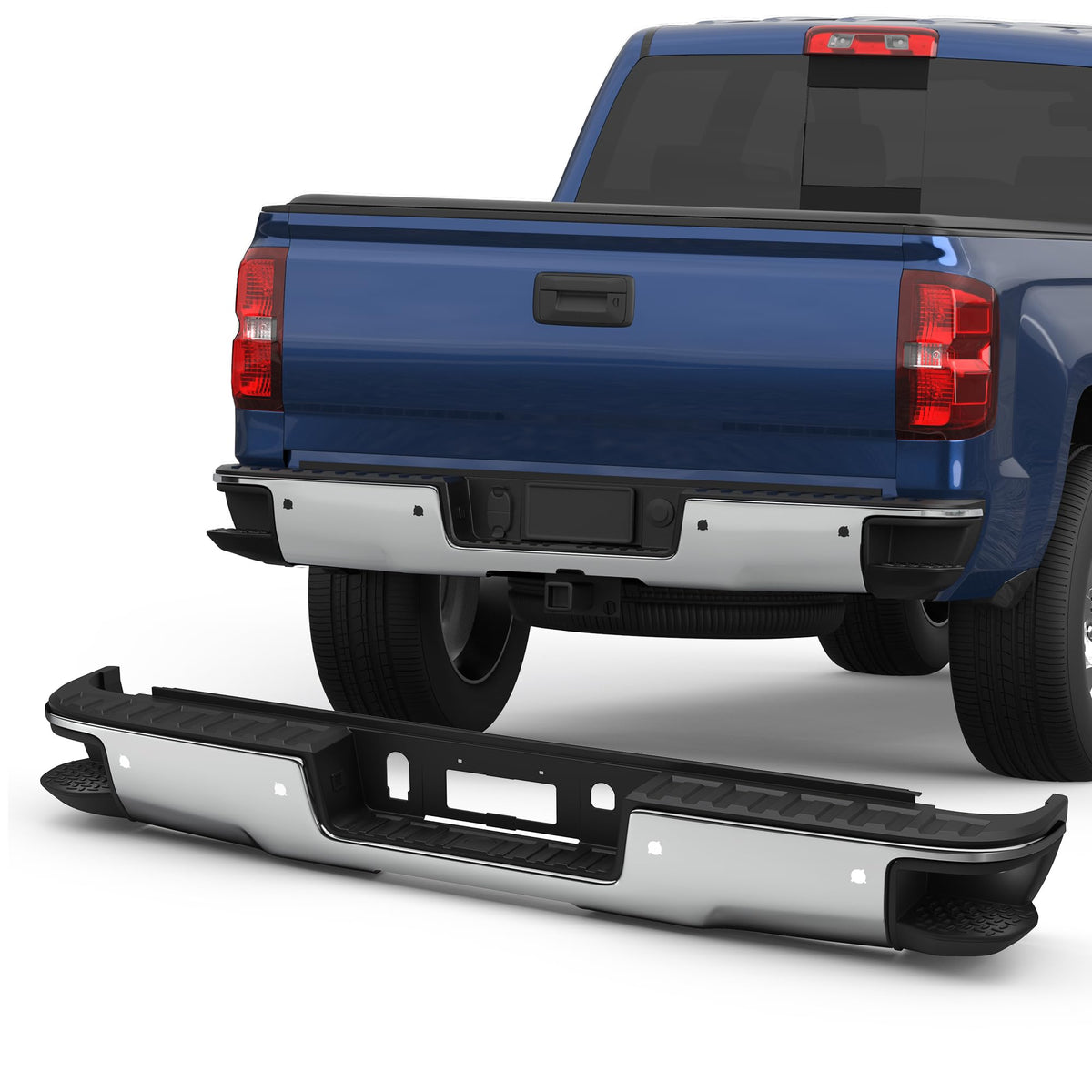 KUIPERAUTO Rear Step Bumper Assembly Compatible for 2014-2018 Chevrolet Chevy Silverado/GMC Sierra 1500 Pickup W/Parking Sensor 
