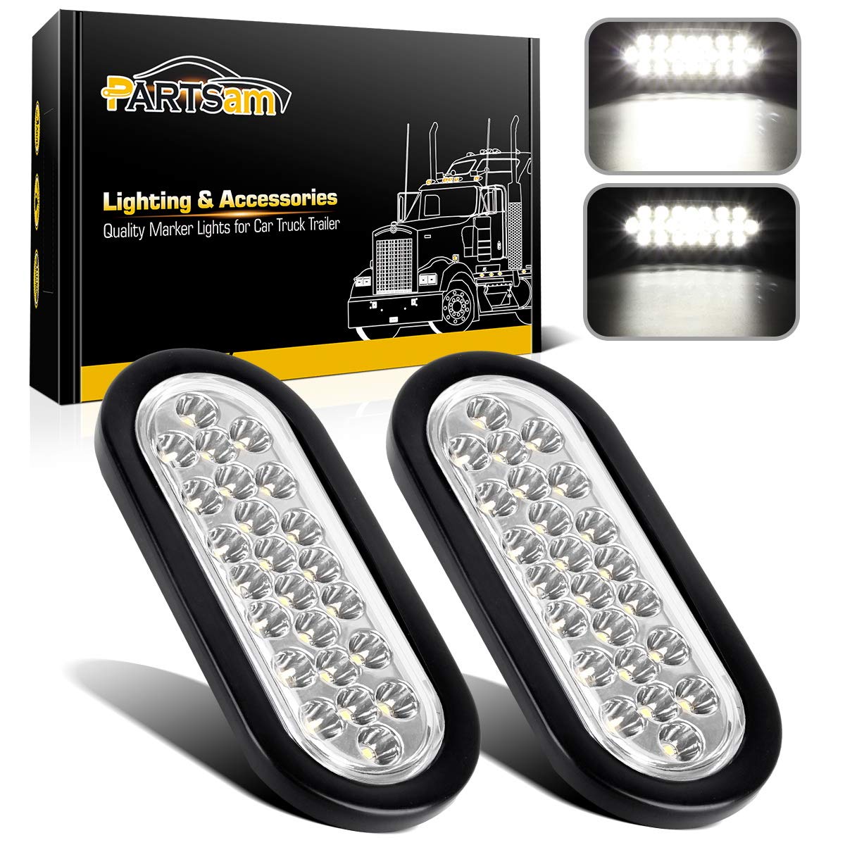 Partsam 2X Oval Clear Lens White Stop Turn Tail Backup Reverse Fog Lights Lamps Rubber Flush Mount 6'' 24 Led For Truck Trailer