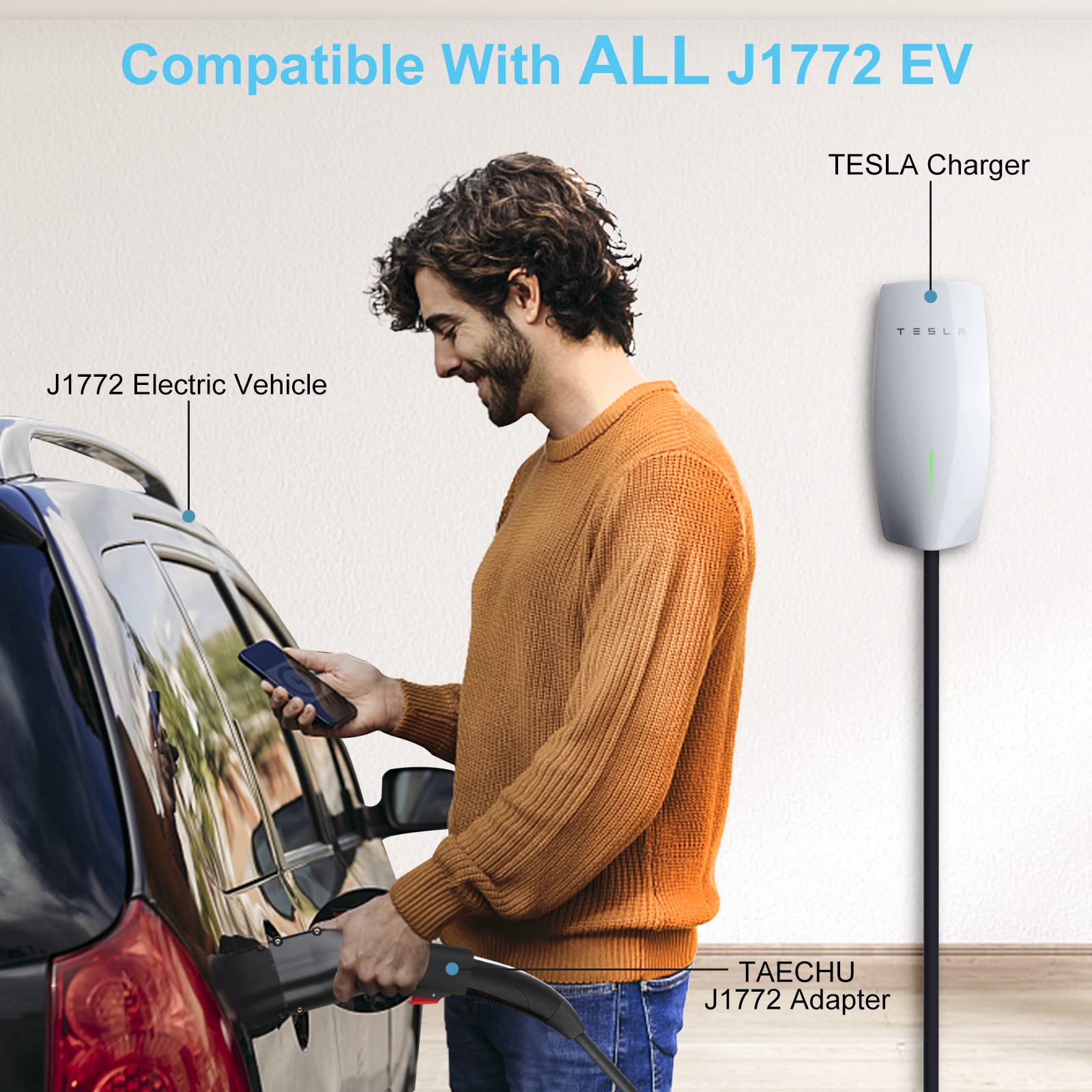 [Only For J1772 Ev Use] Tesla To J1772 Adapter, Max 60 Amp & 250V, Taechu J1772 Ev Charging Adapter With Anti-Drop Lock, Compatible With Tesla Wall/Destination/Mobile Chargers(With A Storage Box)