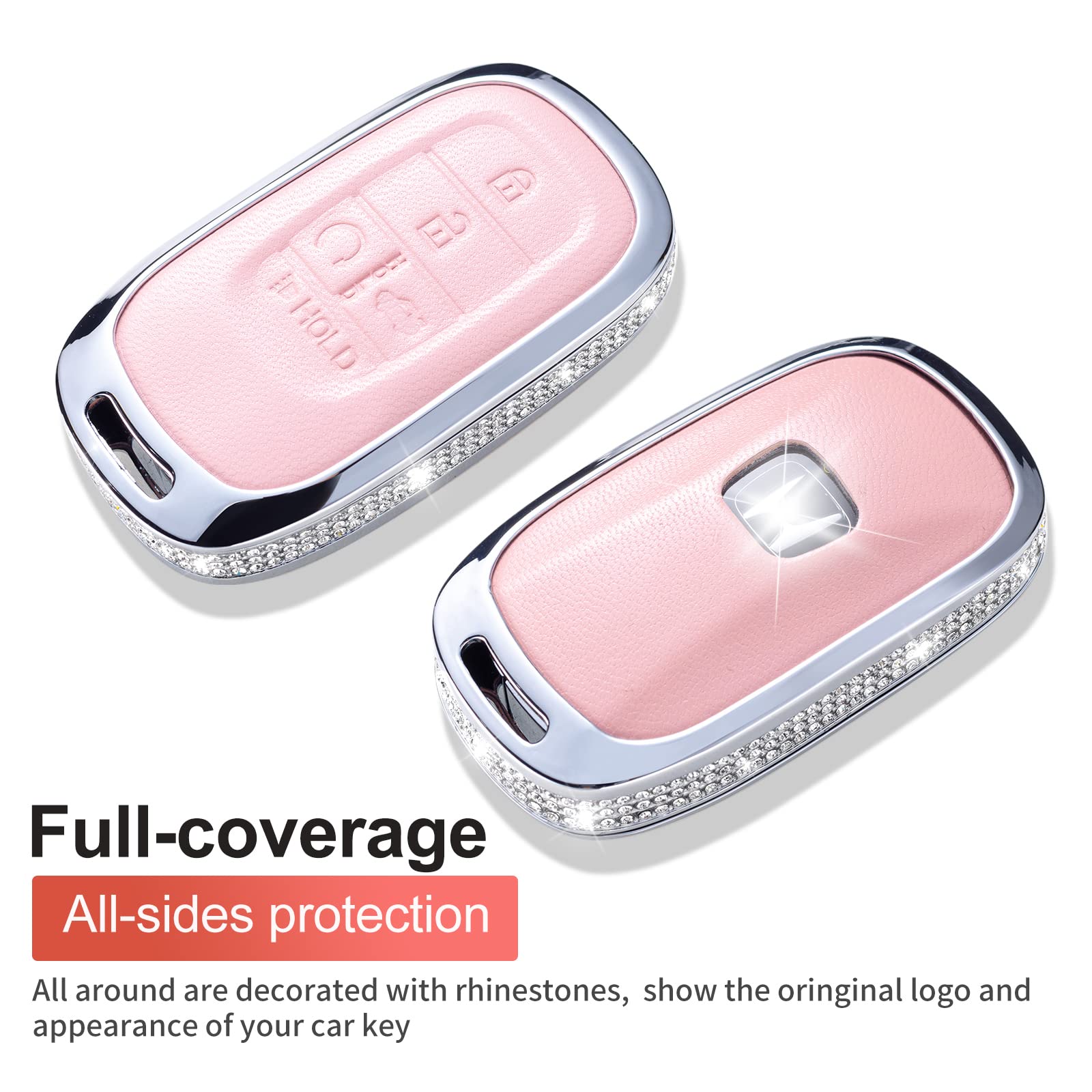 Ruabiban For Honda Key Fob Cover With Keychain, Pink Genuine Leather Crystal Key Case Protection Shell Compatible With 2022 Hond
