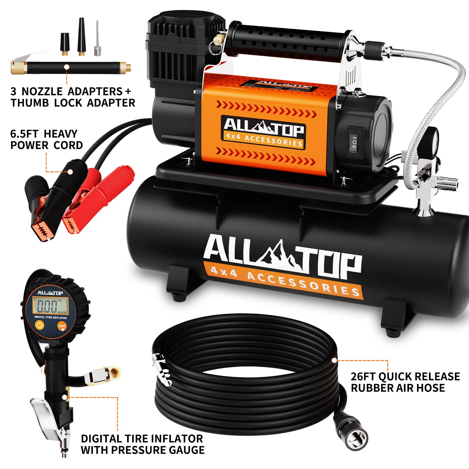 ALL-TOP Air Compressor with 6L Tank Kit,12V Portable Inflator & Oil-Free Steel Tank 6-Liter, Offroad Air Compressor for Truck Ti
