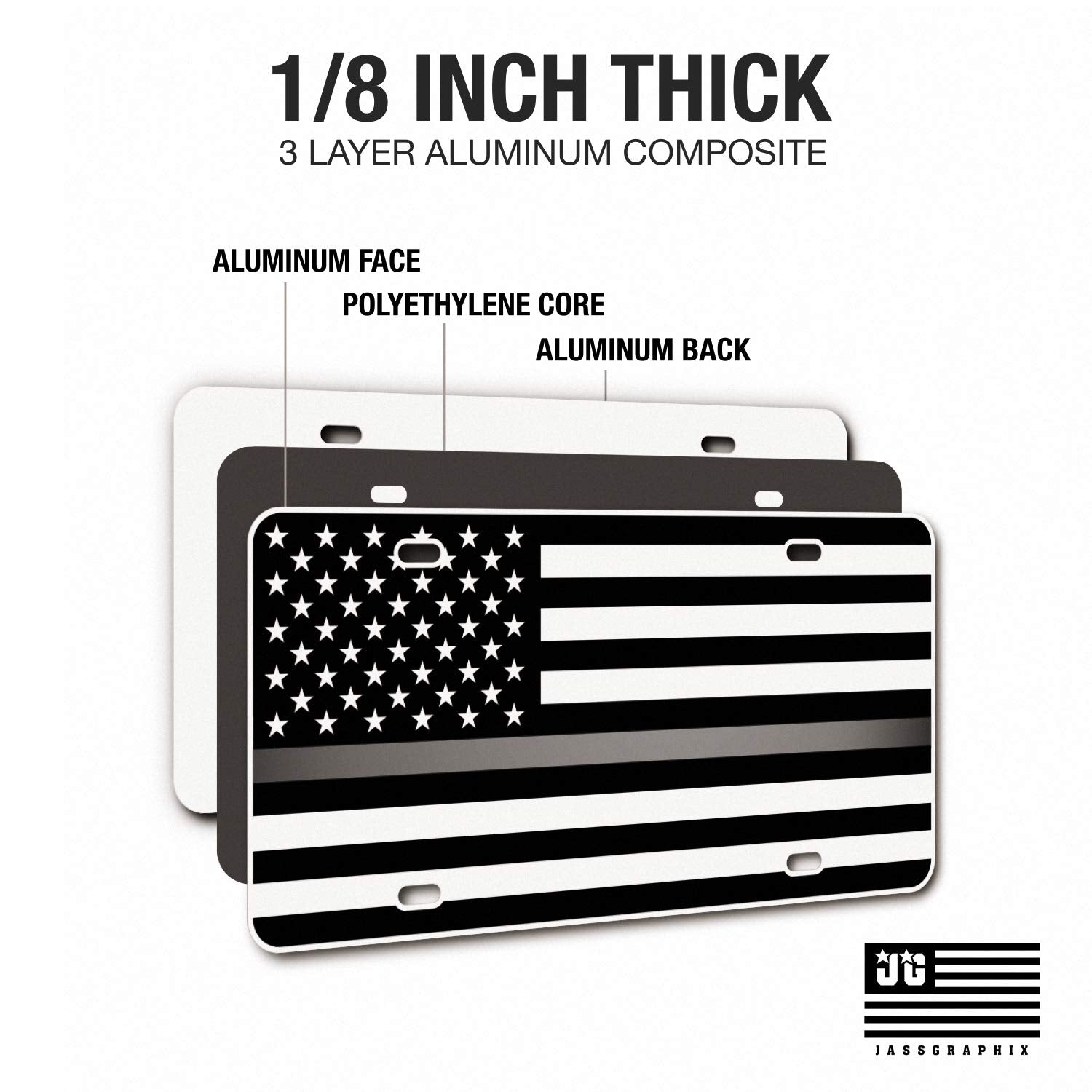 Jass Graphix Thin Silver Gray Line American Flag License Plate Correctional Officers Matte Black On 1/8'' White Aluminum Composi