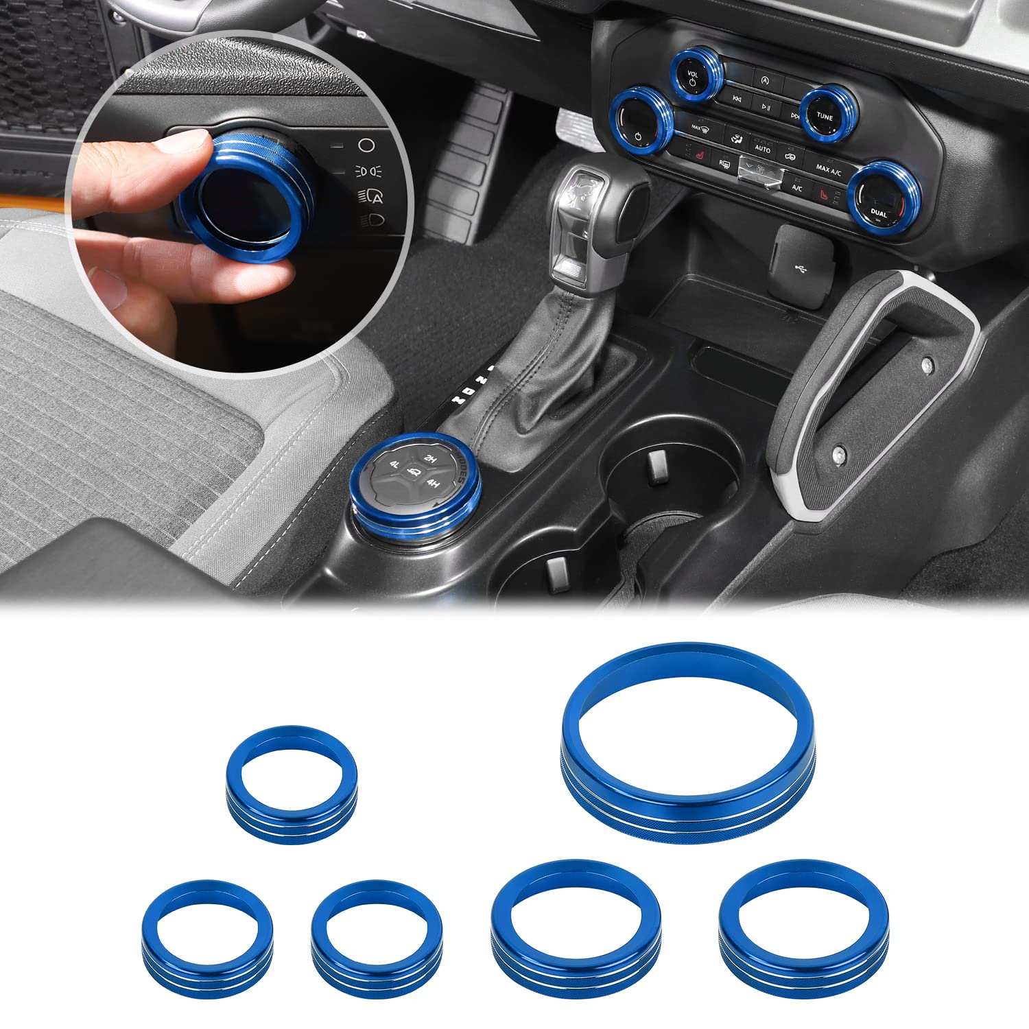 Jwwy Air Conditioner Headlight Switch Knob 4Wd Wheel Drive Trailer Gear Switch Knob Cover For 2021-2024+ Ford Bronco Accessories Aluminum Alloy 6Pcs Blue(Don'T Fit Bronco Sport)