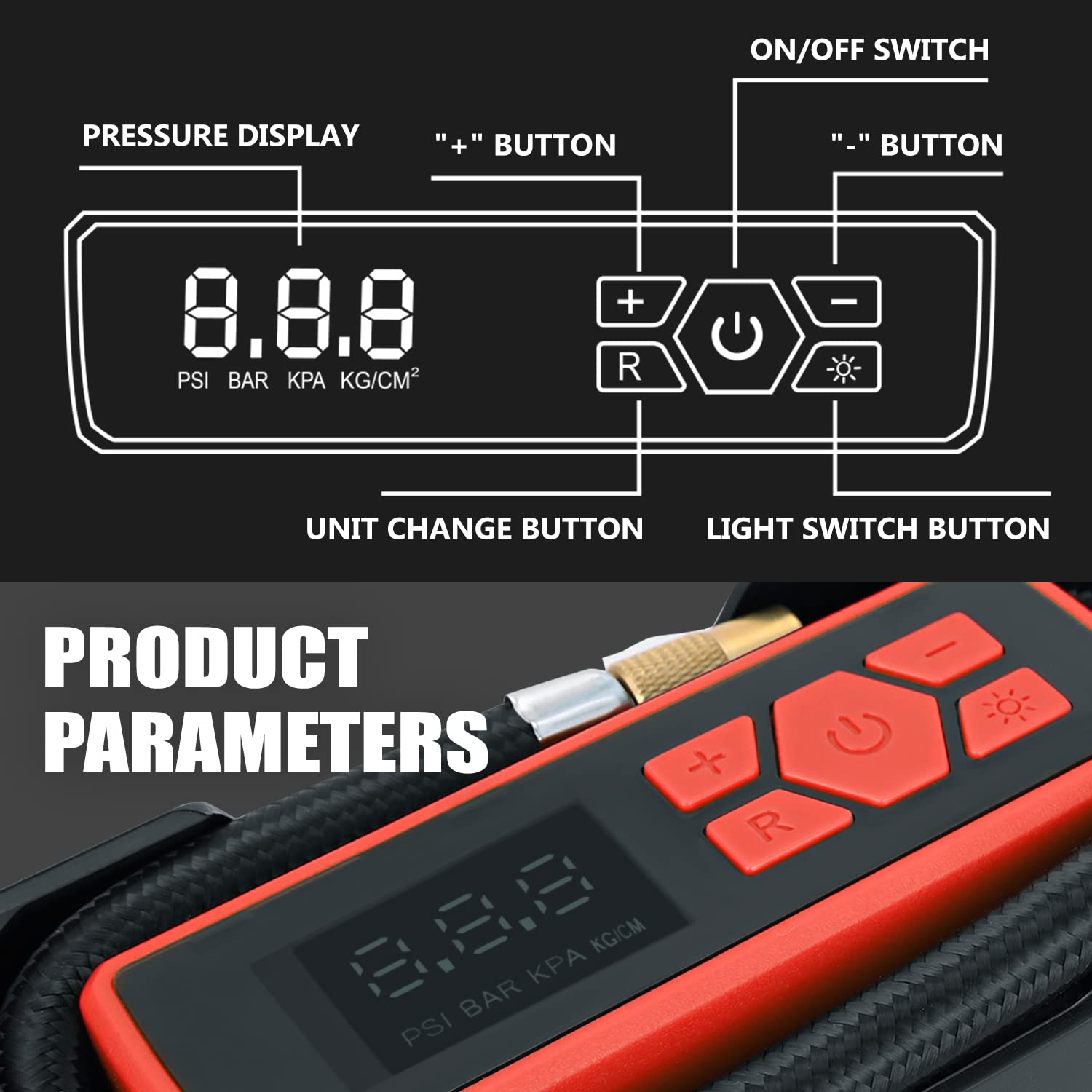 Dna Motoring Tools-00210 Red 12V Dc Digital Tire Inflator Portable Air Compressor With Pressure Gauge For Cars, Bicycles, Motorc
