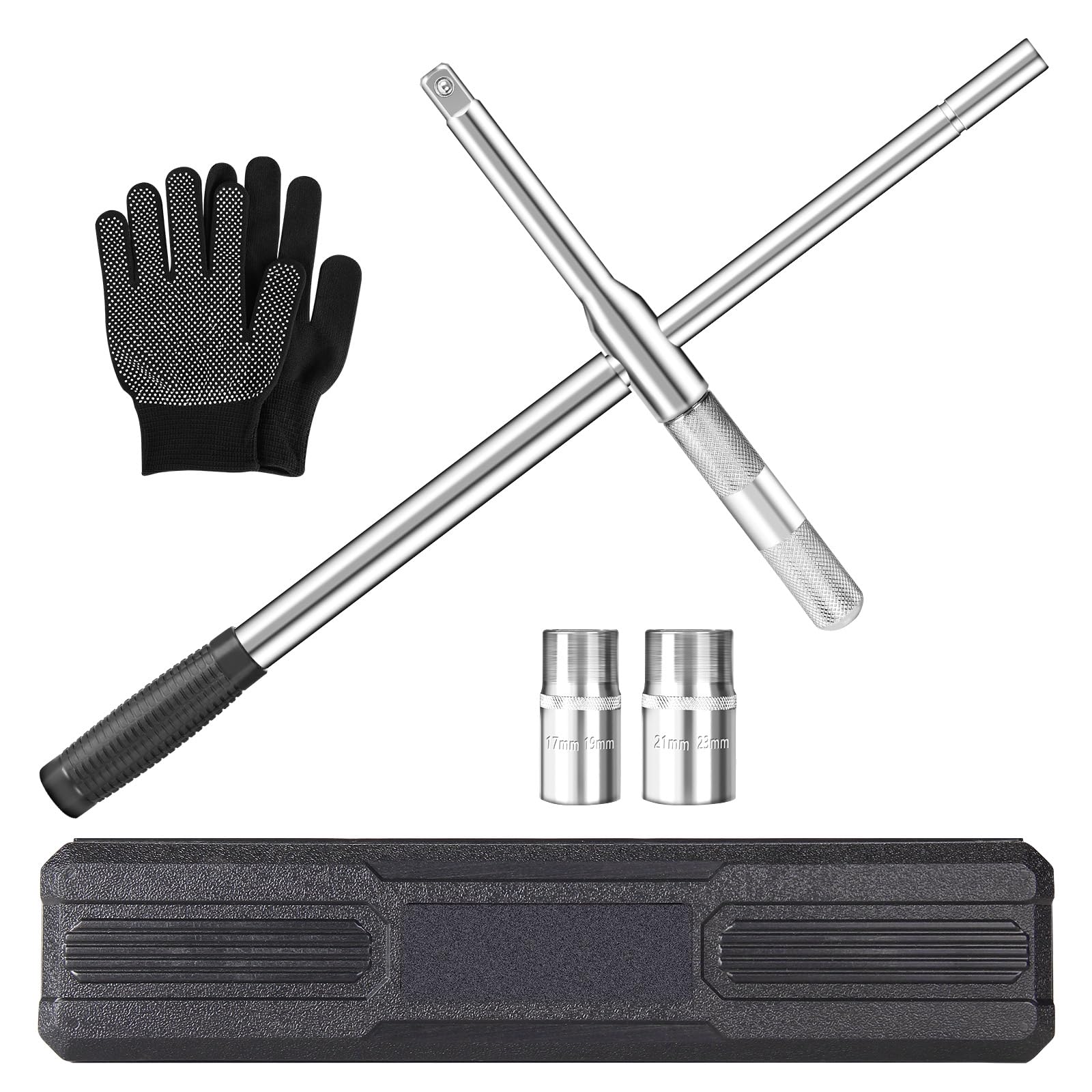 BCJCLTS Lug Wrench, 4 Way Tire Iron for Car,Tire Wrench With 1/2-Inch Drive and 2PCS Standard Sockets (17 mm/19 mm, 21 mm/23 mm)