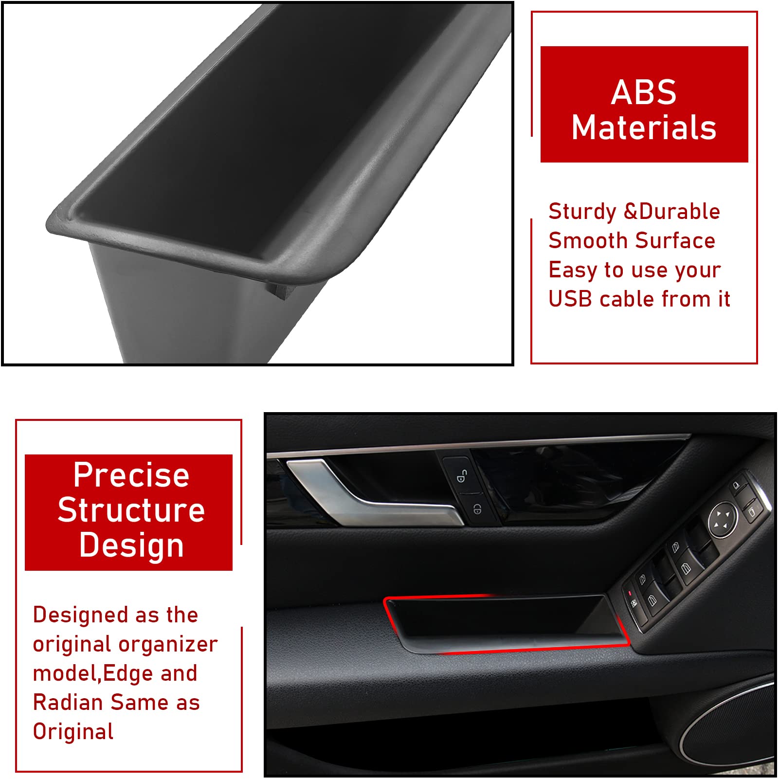 Ttcr-Ii Compatible With Mercedes Benz C Class Door Storage Box W204, 2 Pcs Door Handle Pocket Storage Box Insert For C300 C400 C63 2008-2014 (For Sedan Only, Not For Coupe)