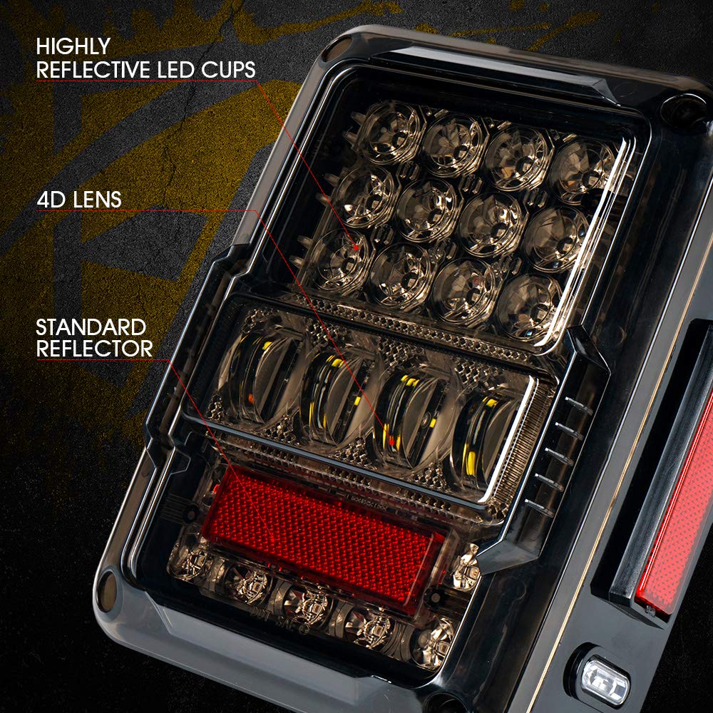 Xprite Smoked Lens 4D Led Tail Lights Compatible With Jeep Wrangler Jk/Jku 07-18 | Plug & Play, Resistor | Brake Signal, Reverse