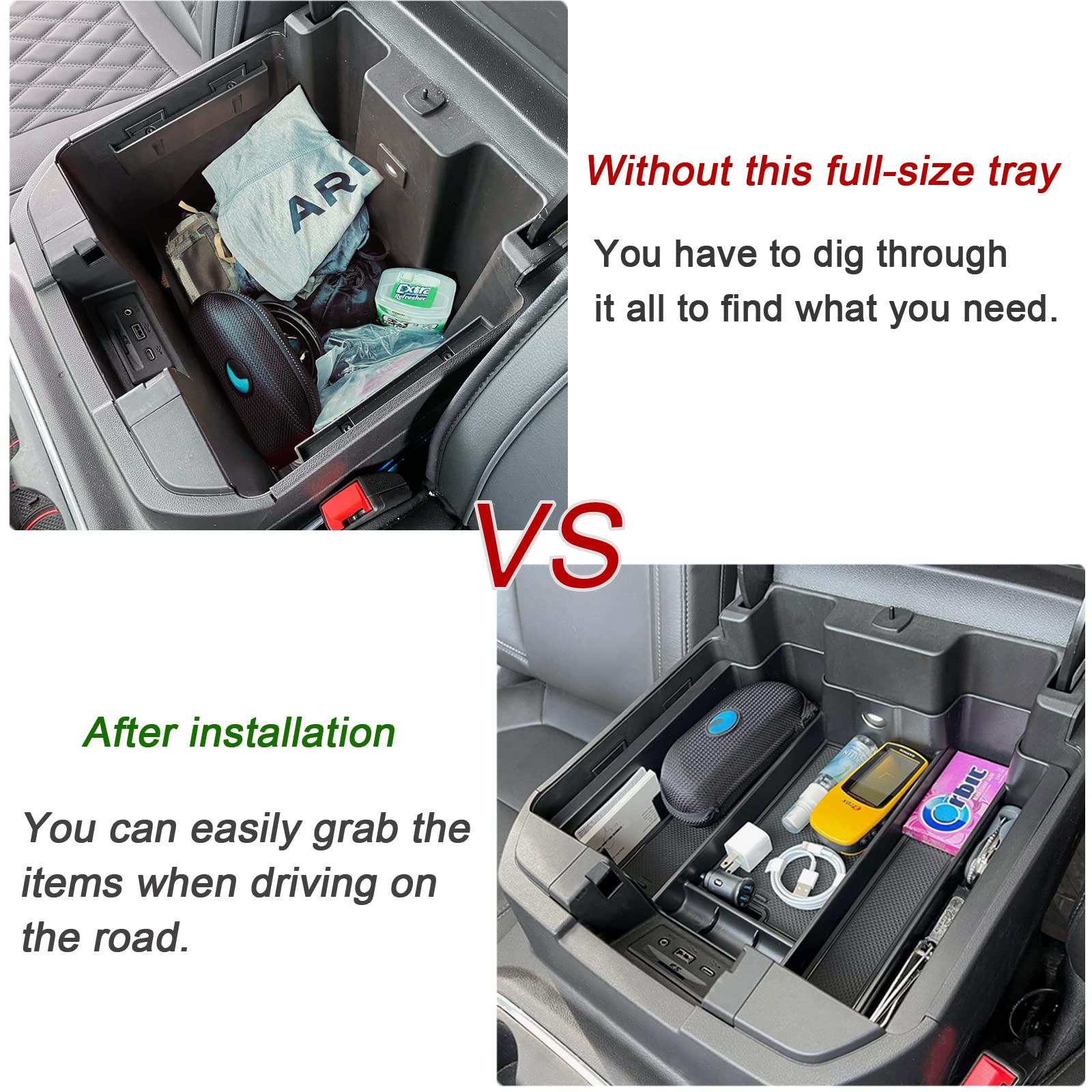TOPINSTALL Full-Size Center Console Tray for 2019-2022 Chevy Silverado/GMC Sierra, Black Plastic Armrest Organizer