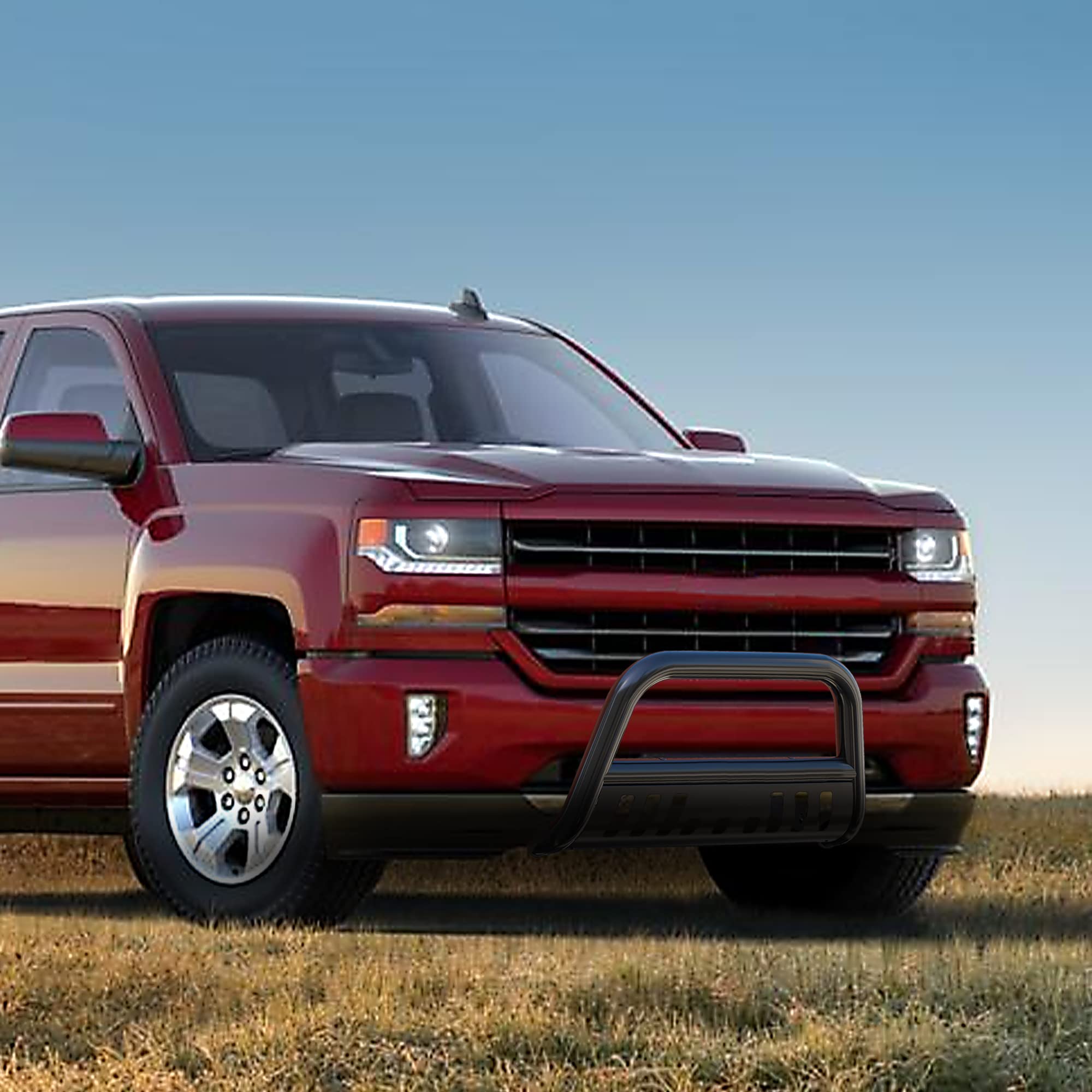 AUTOSAVER88 Bull Bar Compatible for 07-18 Chevy Silverado 1500/ GMC Sierra 1500/19 Chevy Silverado LD /07-20 Chevy Suburban/GMC Yukon 3' Grille Brush Push Guard w/Skid Plate Light Mounting Holes