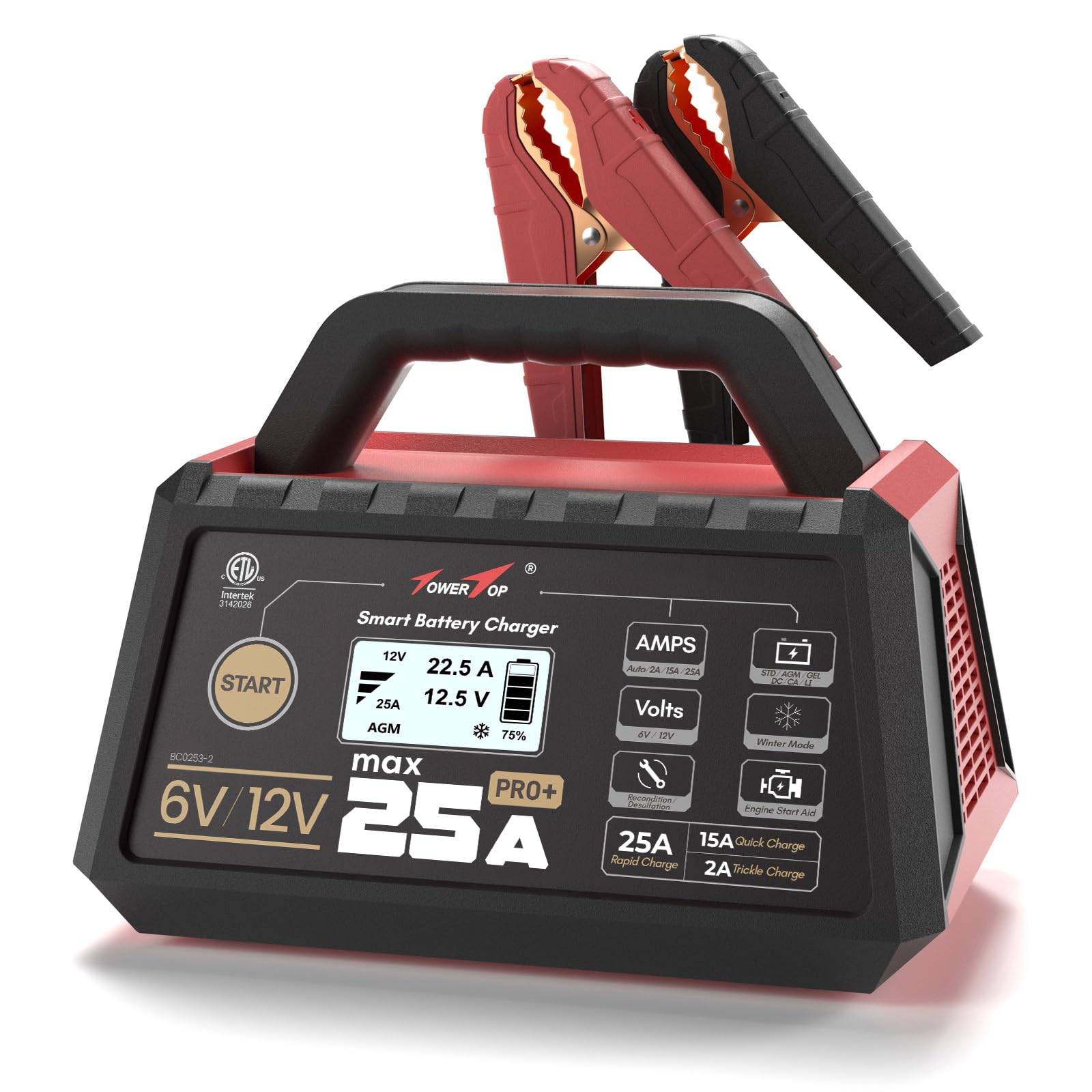 TowerTop 25A Pro+ Battery Charger, 6V/12V Car Battery Charger Fully Automatic Smart Battery Maintainer with Engine Start, Auto D