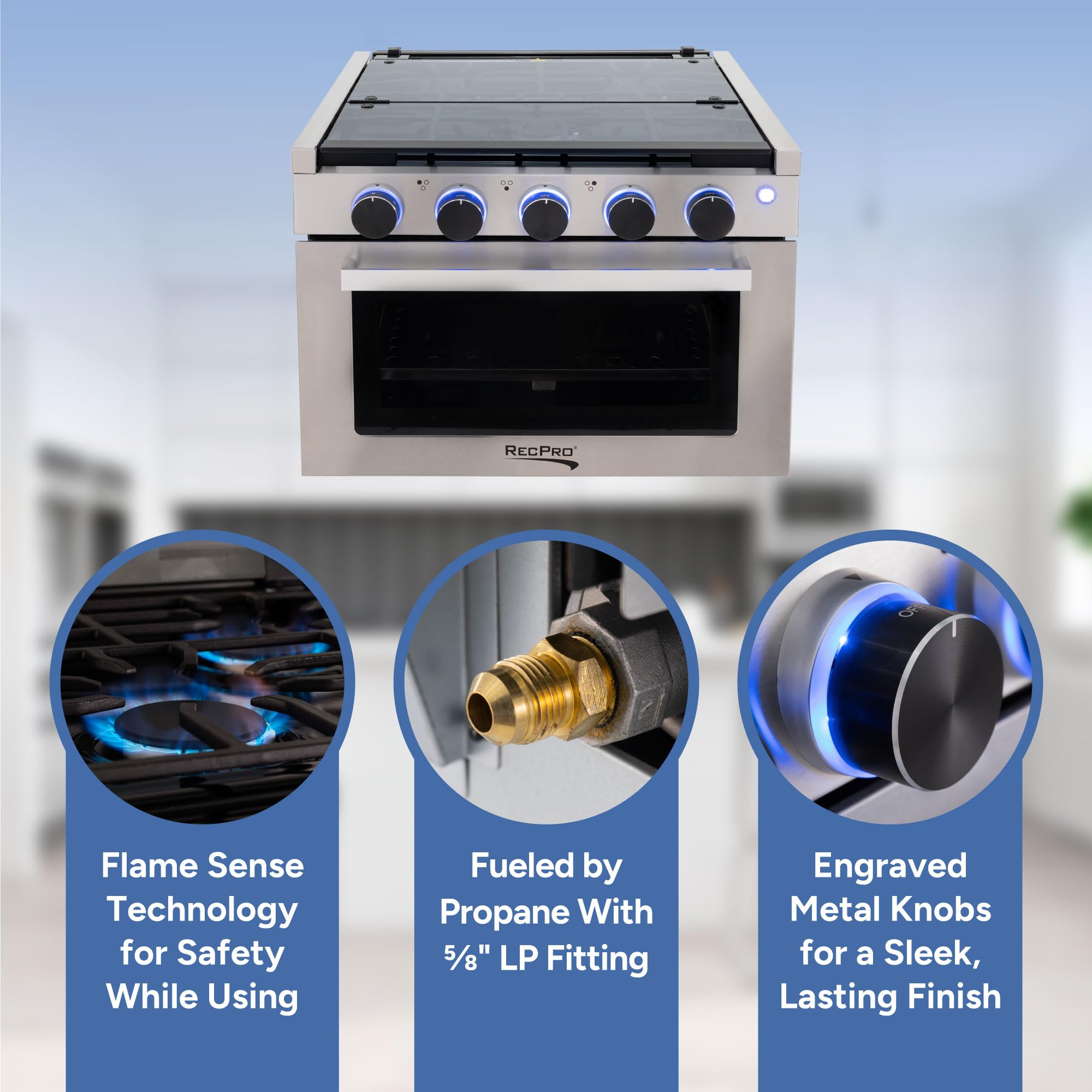 Recpro Rv Stove | 21'' X 17'' Cooktop | 17'' Tall Gas Range | 3 Burner | 1.8 Cu. Ft | 71000 Btu | Black Or Silver Finish | Optio