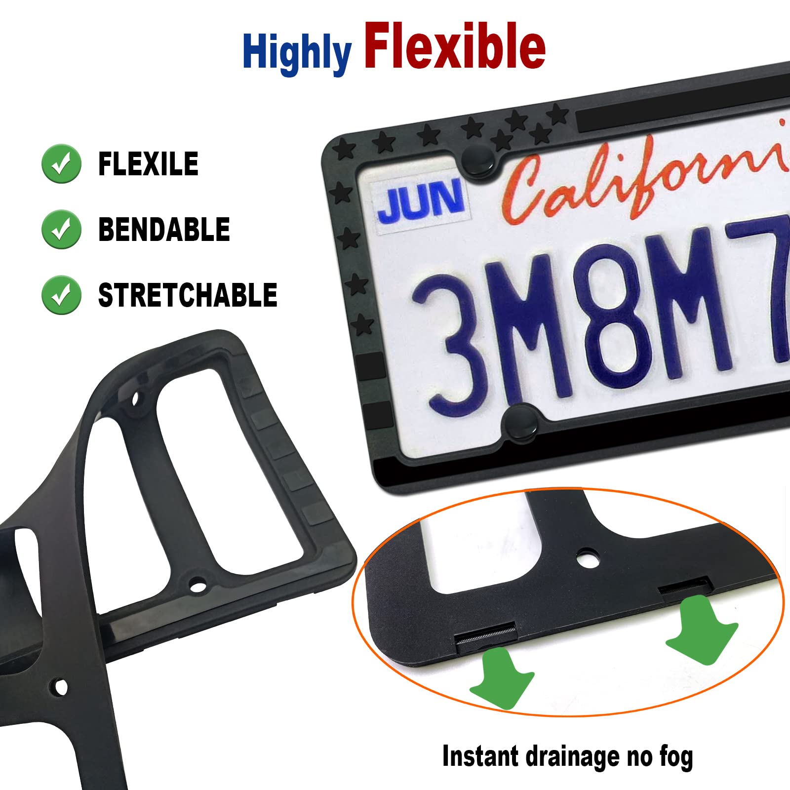 Silicone American Flag License Plate Frames- Rustproof Patriotic Gloss Usa Stars And Stripes Flag Black Car Tag Holder Cover, 2