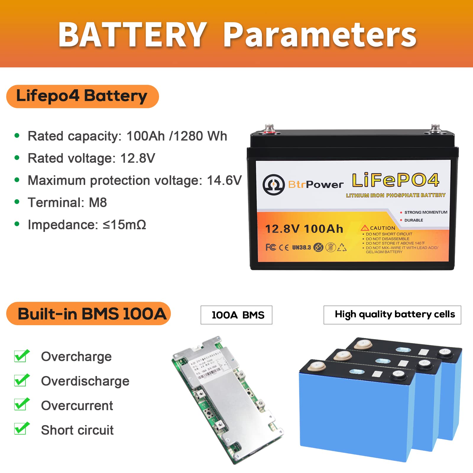 2 Pack 12V 100Ah Lithium LiFePO4 Deep Cycle Rechargeable Battery,Built-in 100A BMS,5000 Life Cycles, Perfect for RV, Solar, Mari