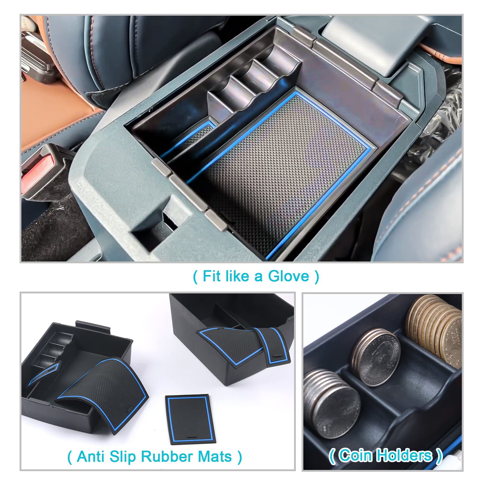 Cdefg For 2022 2023 Maverick Pickup Truck Center Console Organizer Tray 2022 Fo*Rd Maverick Armrest Trays Storage Box Coin Container 2022 2023 Maverick Truck Interior Accessories, 2-Pack (Blue Trim)
