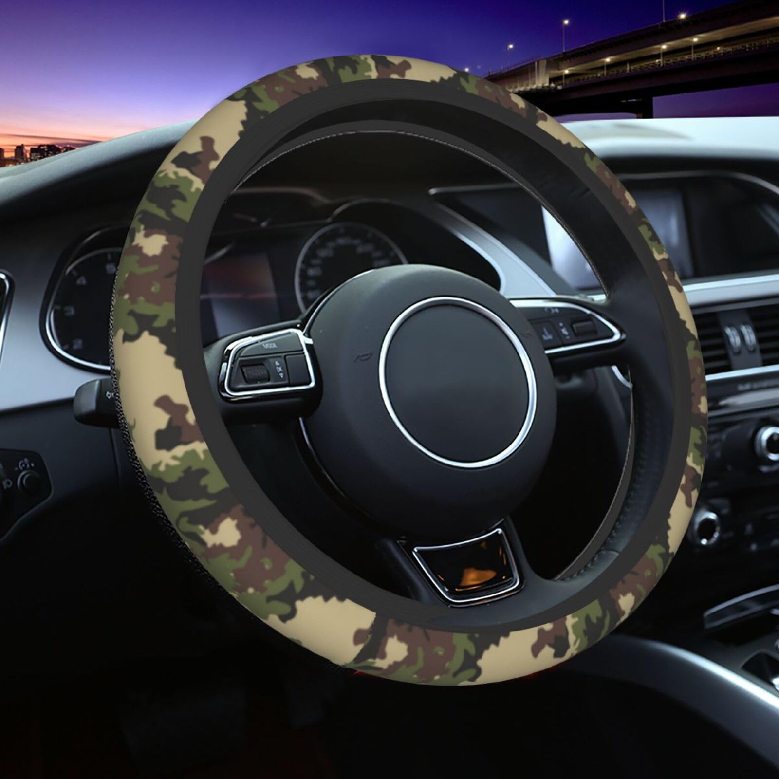 Green Camo Camouflage Steering Wheel Cover for Women Men with 2 Pcs Car Coasters, Universal 14.5-15 Inch Rainbow Steering Wheel