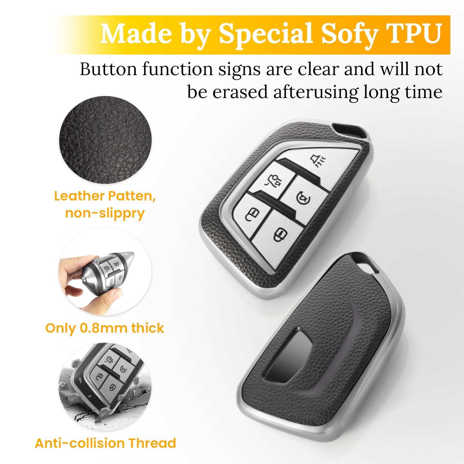 Ctrinews For Cadillac Key Fob Cover With Carbon Fiber Style Belt Keychain, Upgraded Tpu Surface Grain Case For 2020-Up Ct4 Ct5 C