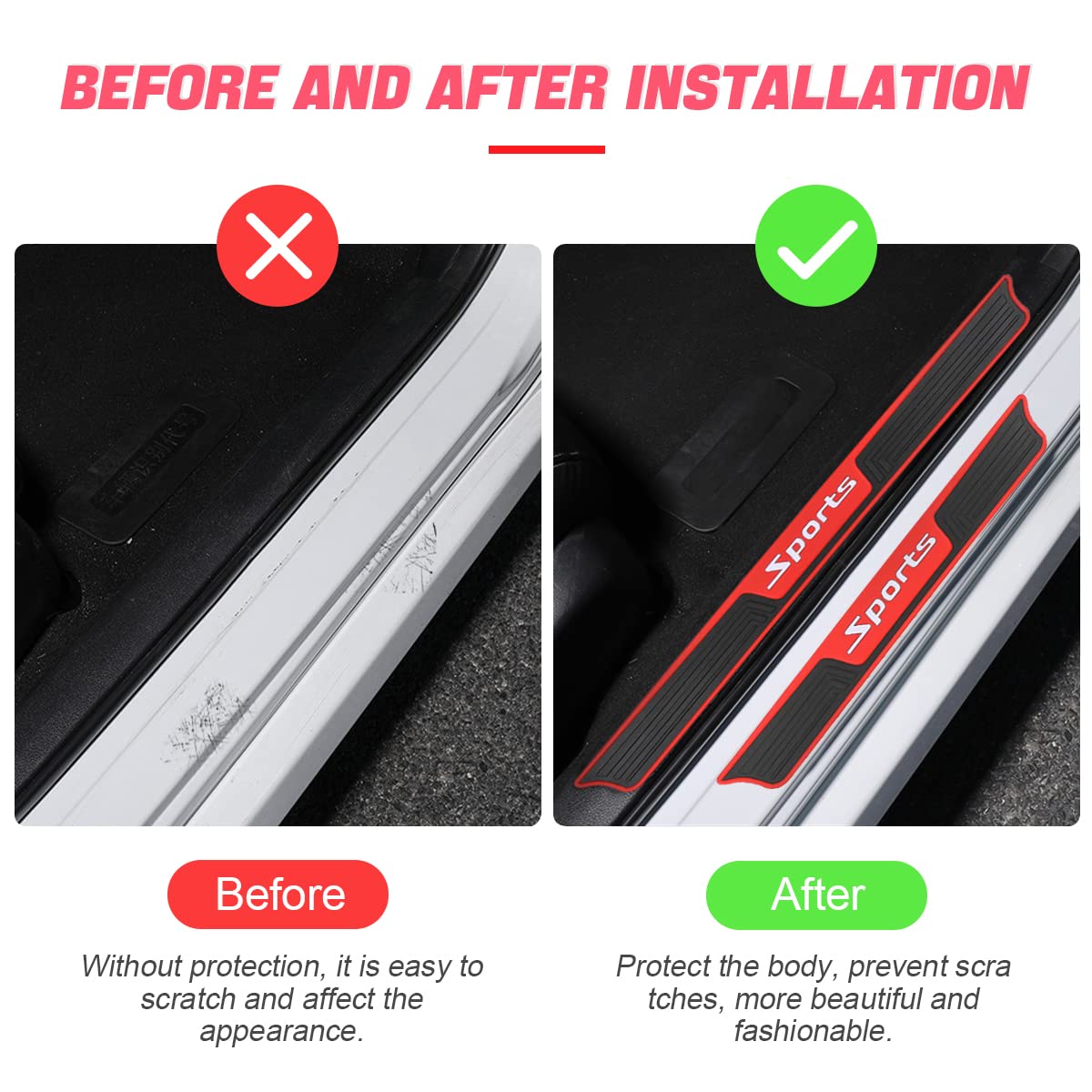 4Pcs Car Door Sill Plate Protectors, Auto Door Entry Guards Sill Scuff Cover Panel Step Protector, Pvc Rubber Anti-Scratch Front Rear Door Pedal, Car Accessories For Most Vehicles (Red/Sport)