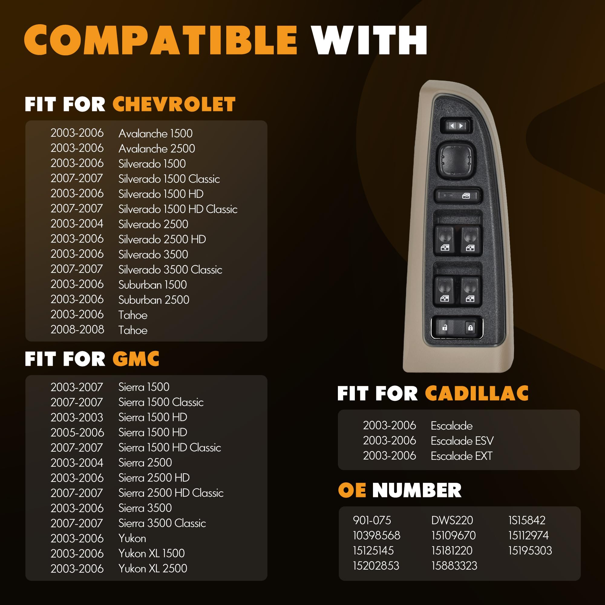 ASOPARTS 15883323 Driver Side Door Lock and Power Window Switch & Tan Bezel Cover Fit for 2003-2008 Chevy Avalanche Silverado Su