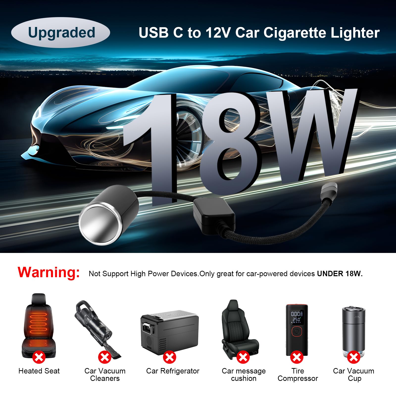 Wymect Usb C To 12V Adapter, Usb C To 12V Cigarette Lighter Adapter ,Type C Male To 12V Cigarette Lighter Socket,For Dash Cam Po