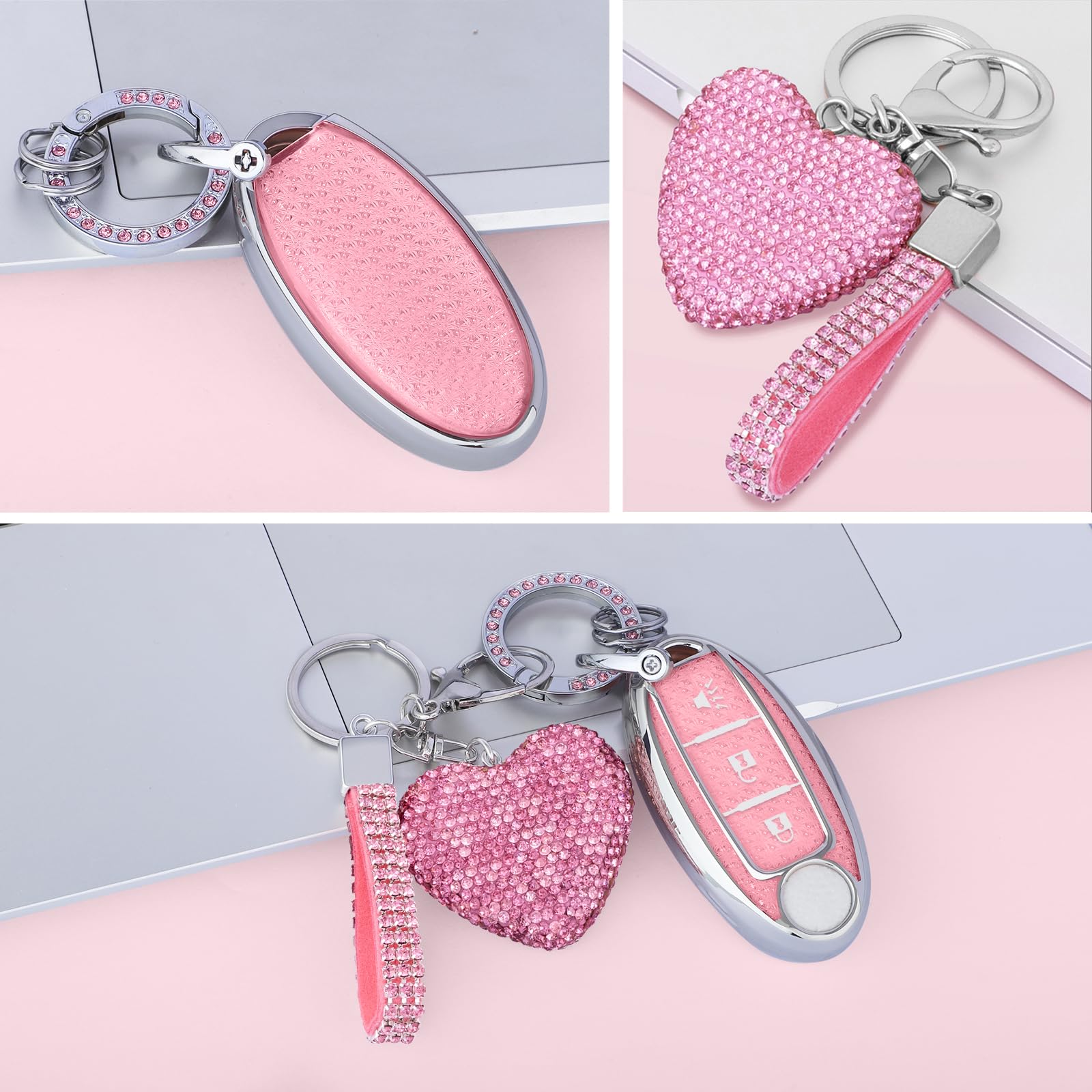 Meruns Compatiable with Nissan 3 Buttons Key fob Cover with Diamond Bling Keychain, Car Accessories Keys Shell TPU for Rogue Arm