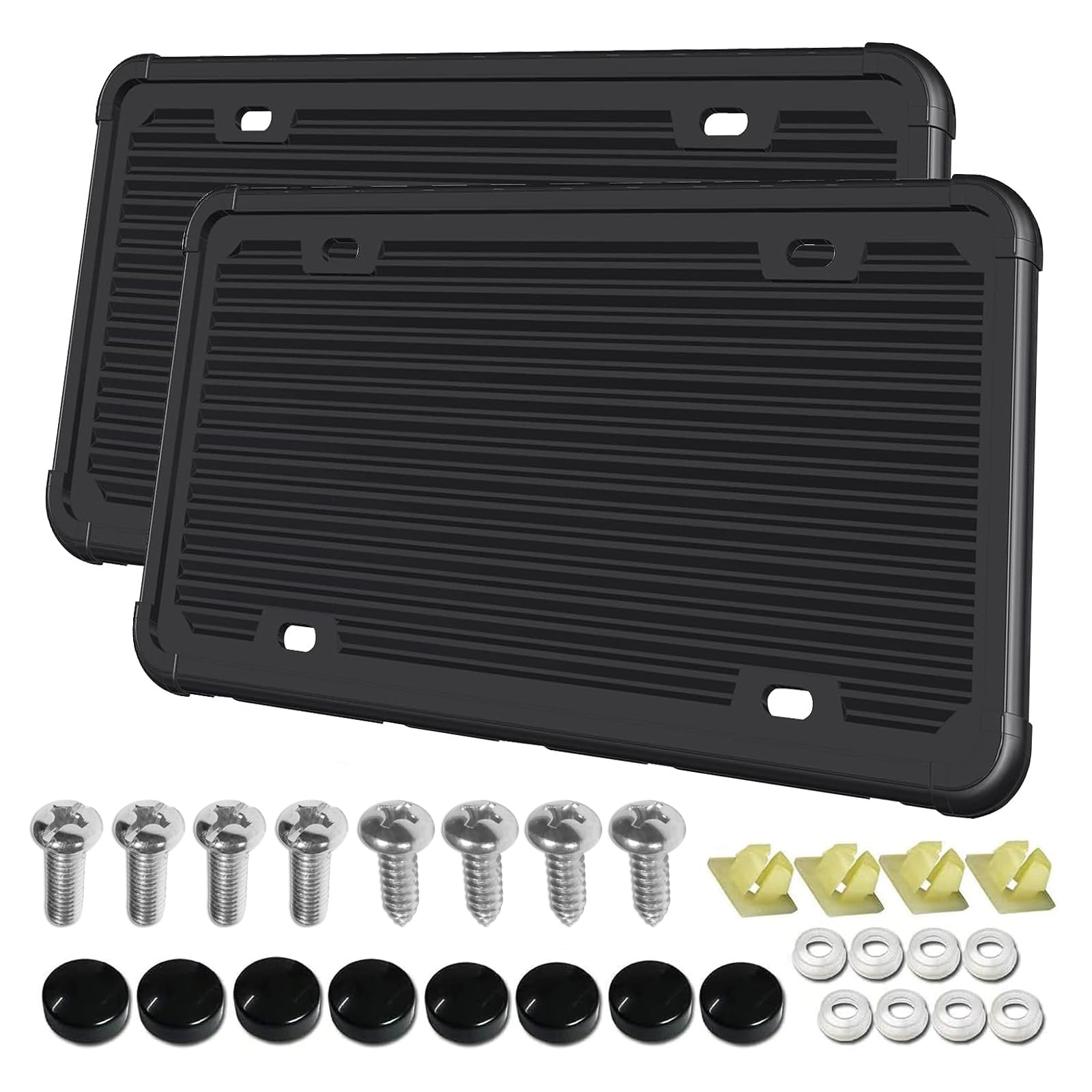 Aootf Black License Plate Frames-2 Pack Silicone License Plate Cover Front & Rear Tag Slim Holder With Screws, Screw Caps, With 