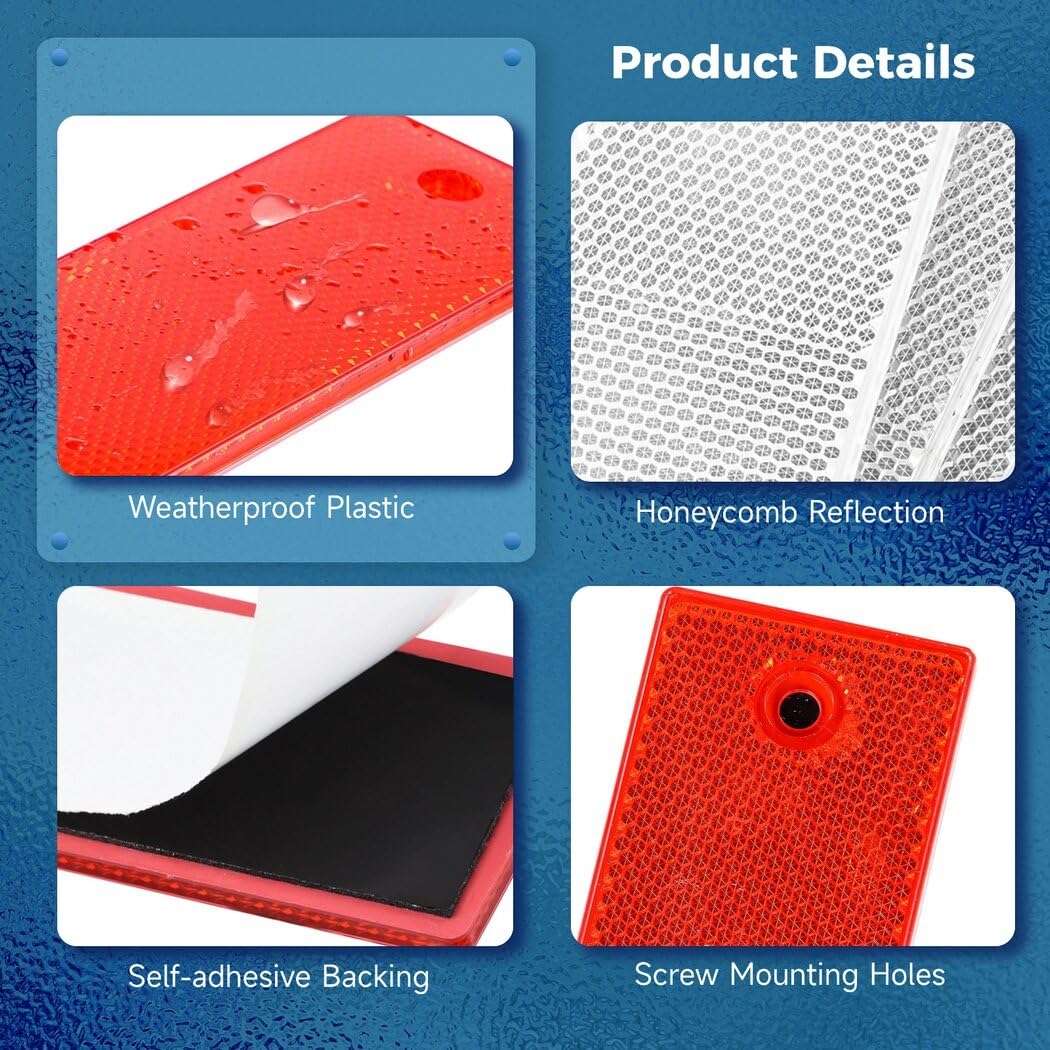 Homaisson 40 PCS Self-Adhesive Rectangular Reflectors, Red and White Plastic Car Reflectors, Stick-on or Screw Mount Universal R