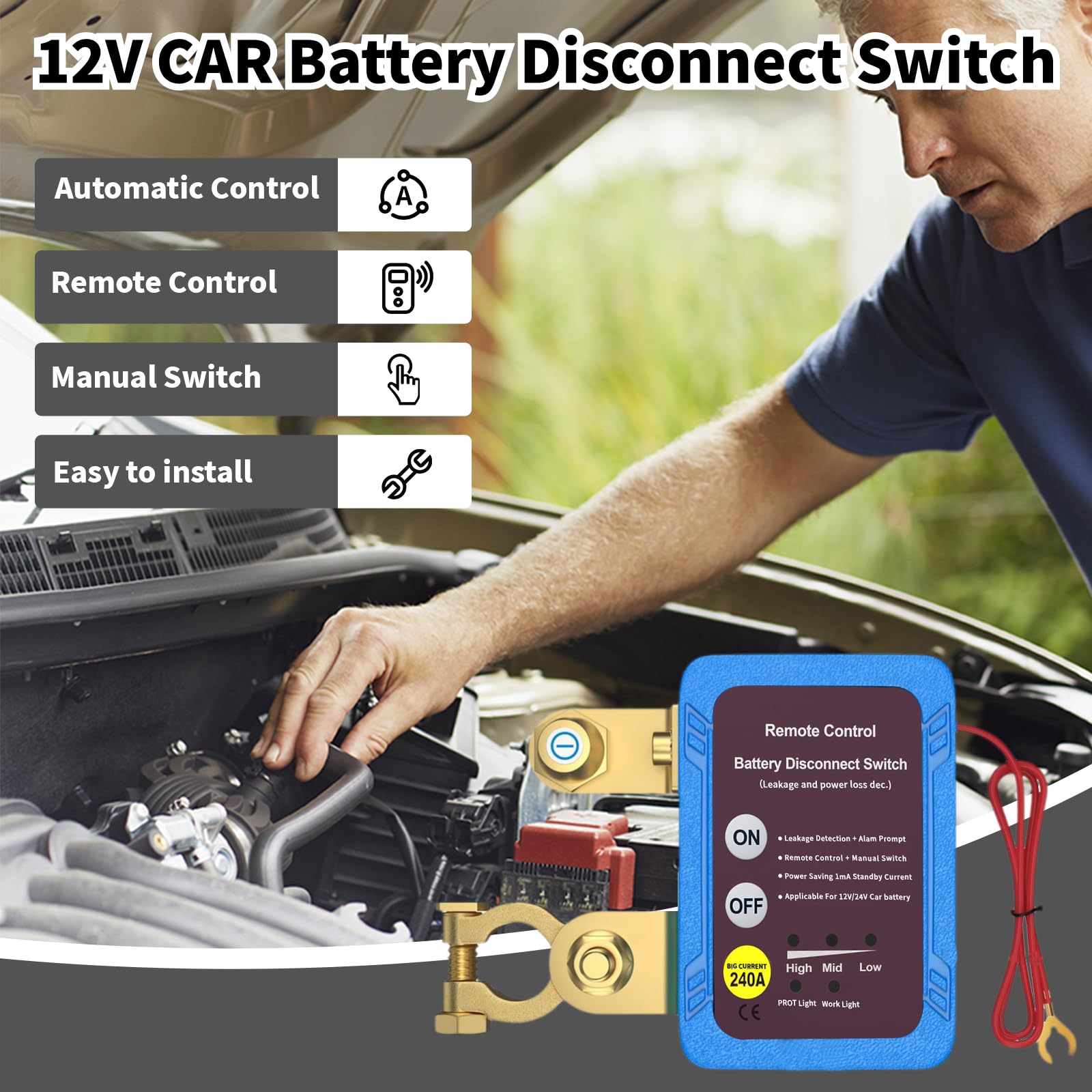 Gasoray Remote Battery Disconnect Switch 12V 240A, Smart Kill Switch for Car, Boat, Motorcycle, RV - Aluminum, Automatic Cut-Off, Anti-Theft