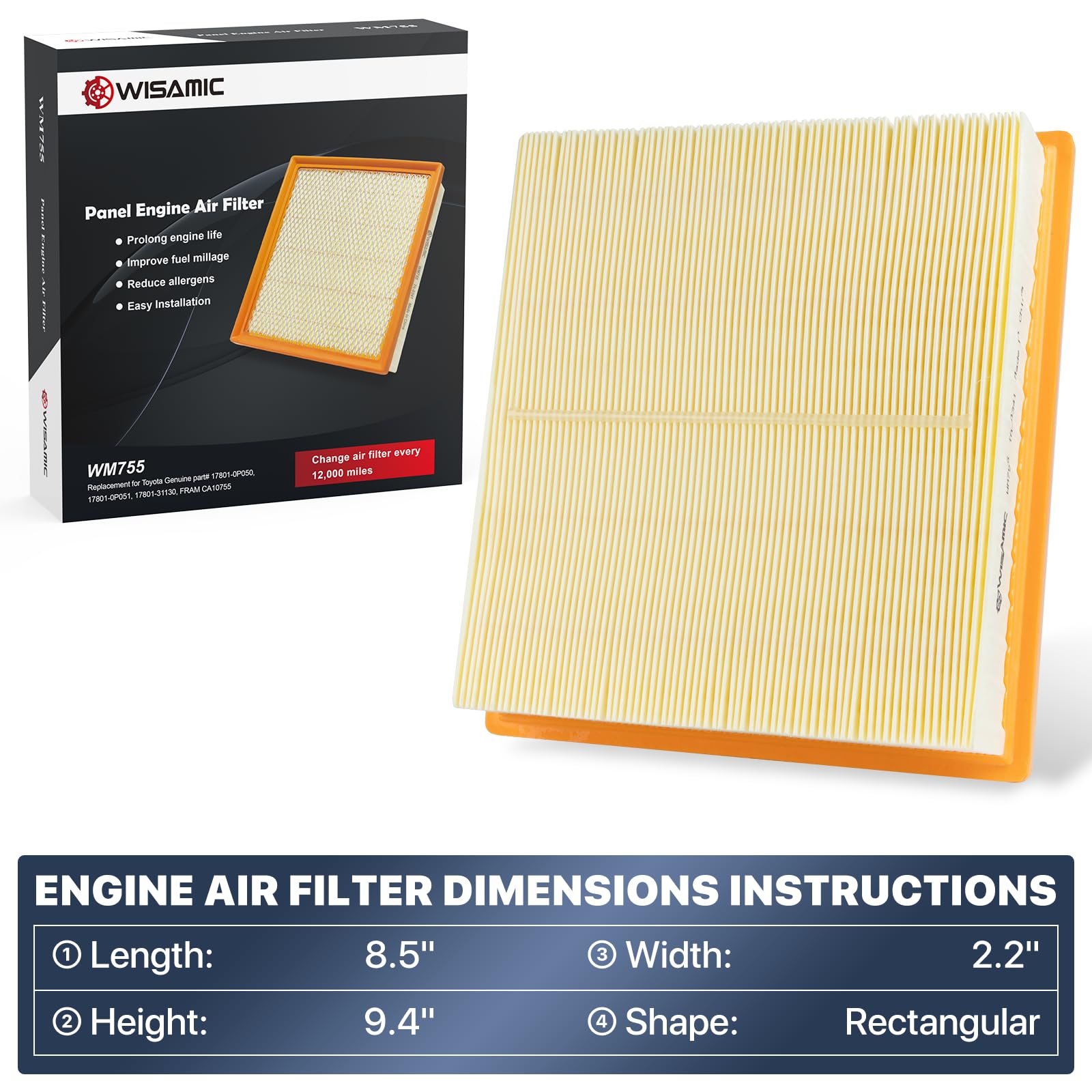 Wisamic Engine Air Filter Ca10755 Replace For Some Lexus, Toyota, Jeep (Non-Diesel), Dodge And Camry Models, Provides Up To 12 Months Or 12,000 Miles Filter Protection