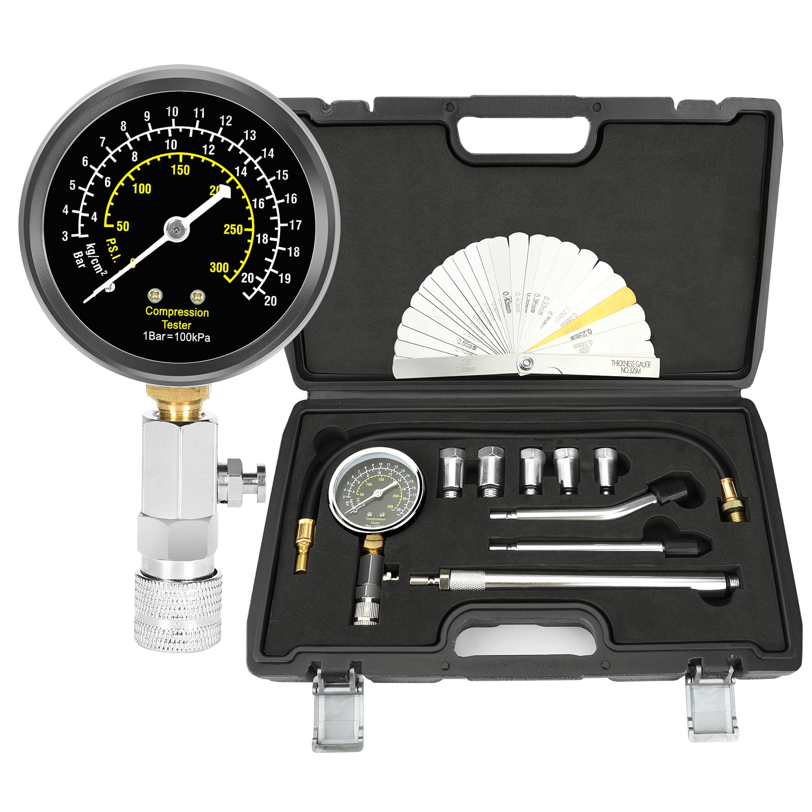 BETOOLL 9pcs Petrol Engine Cylinder Compression Tester Kit with Spark Plug Gap Tool 32 Blades Steel Feeler Gauge 300PSI Engine C