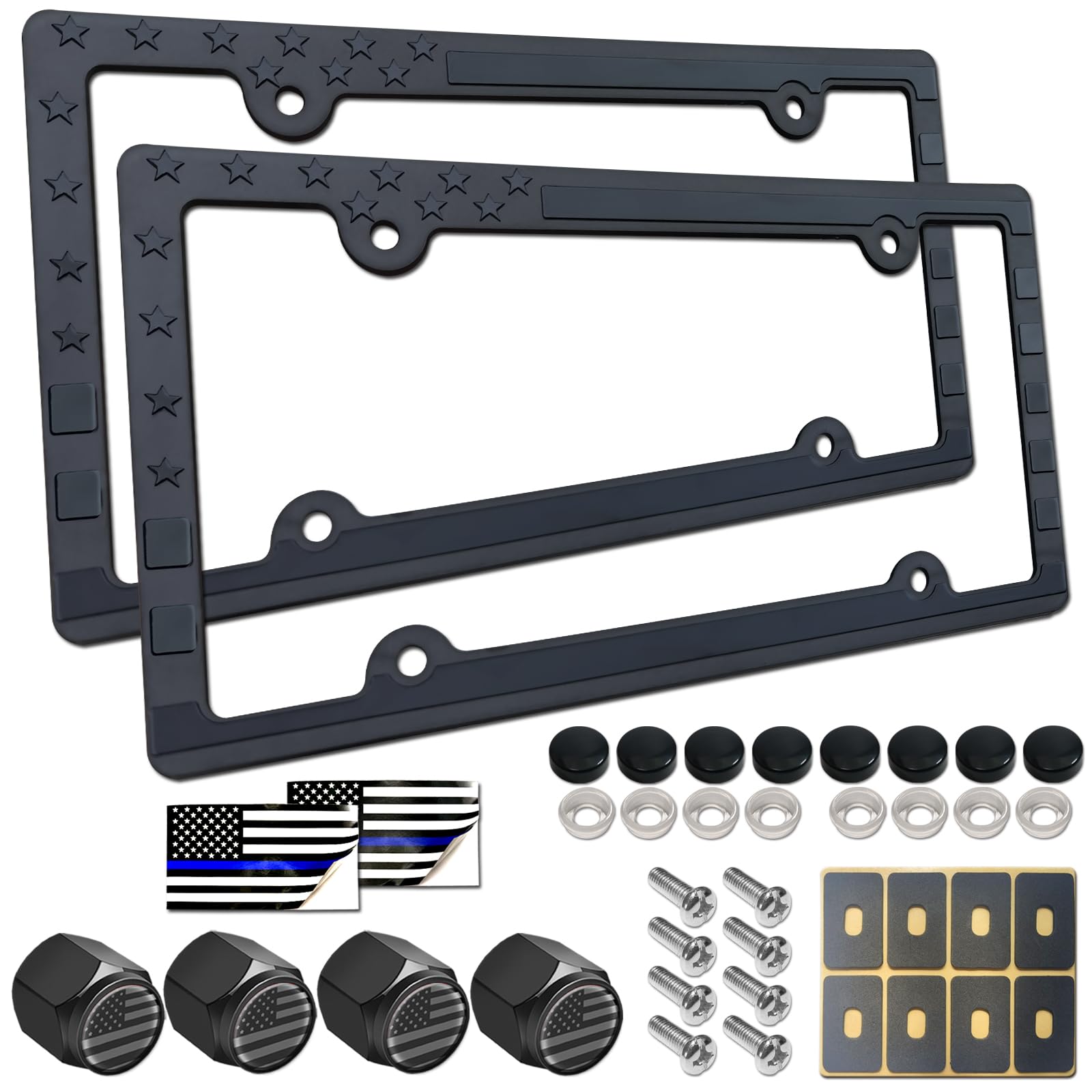 Aootf American Flag License Plate Frames- Patriotic Black Usa Stars And Stripes Flag Car Tag Frame, 2 Pack 4 Hole Thin Plastic H