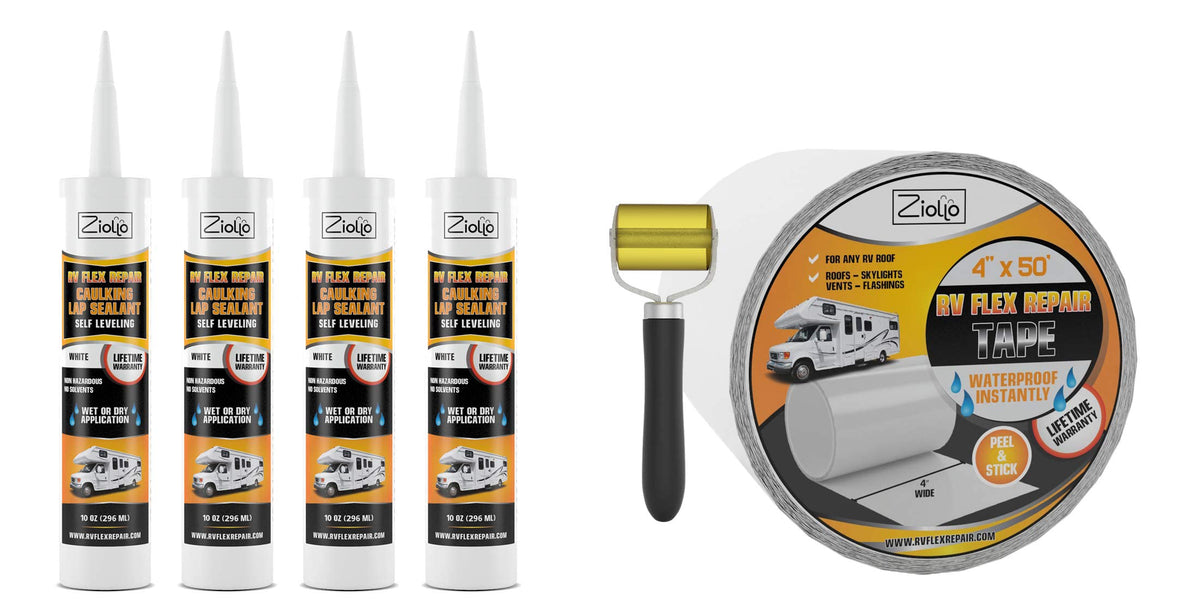 Flex Repair Self Leveling Caulking Lap Sealant & Seam Tape Kit | White | 4-10 Oz Tubes & 1 Roll Of 4 Inch X 50 Foot Tape | For Rubber Roof & Epdm | Rv Leveling Bond Kit