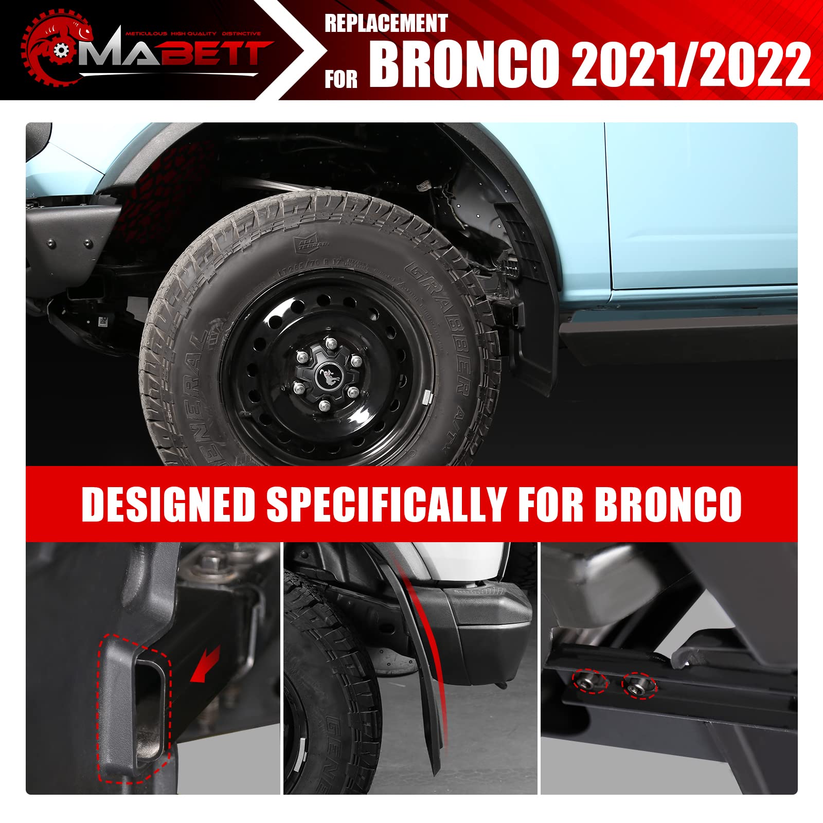 Mabett Mud Flaps For Ford Bronco Accessories 2021 2022 2023 2024 2025 4-Door No Punching Required Front Only 2Pcs