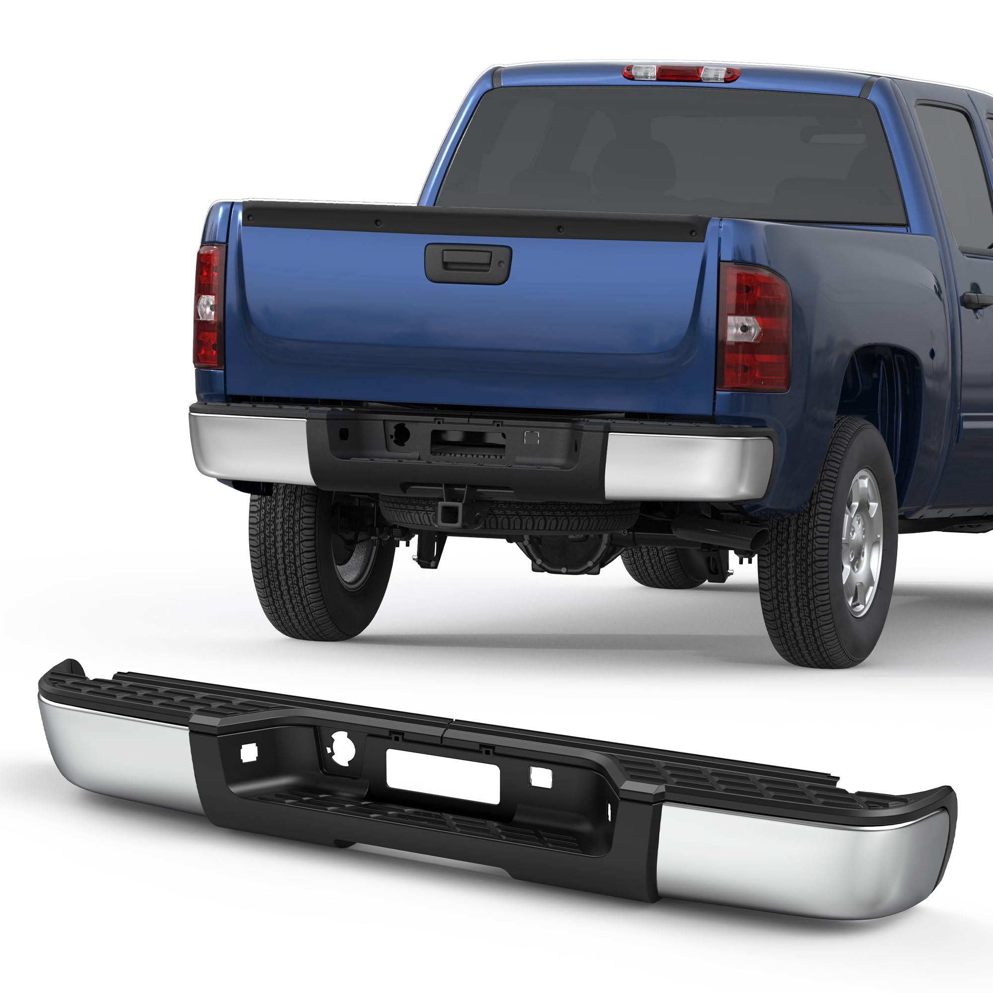 KUIPERAUTO Chrome Rear Step Bumper Assembly Compatible for 2007-2013 Chevy Silverado/GMC Sierra 1500 Pickup GM1103147 WITHOUT Pa