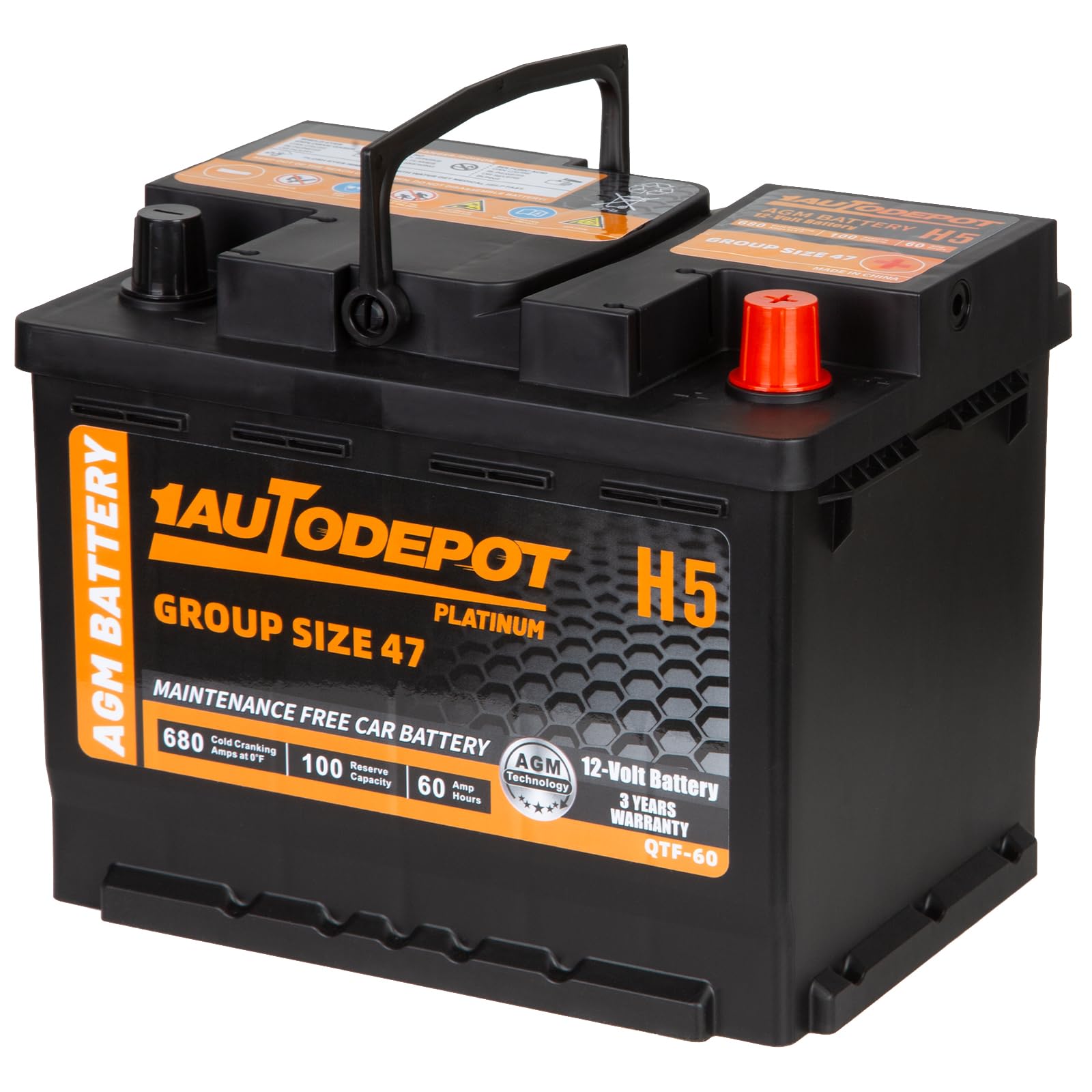 1Autodepot Bci Group 47 Car Battery, 12V 60Ah Size H5 Automotive Battery Premium Maintenance Free Agm Batteries, 680Cca, 100Rc