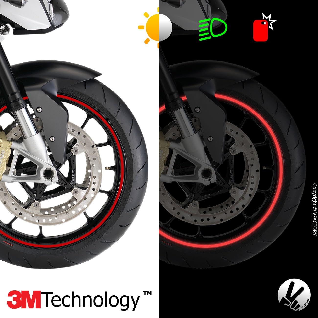 VFLUO - Motorcycle Reflective Wheel Stripes kit, 1 Wheel Rim Stickers Pack, 3M Technology - High lateral Visibility, Discreet an