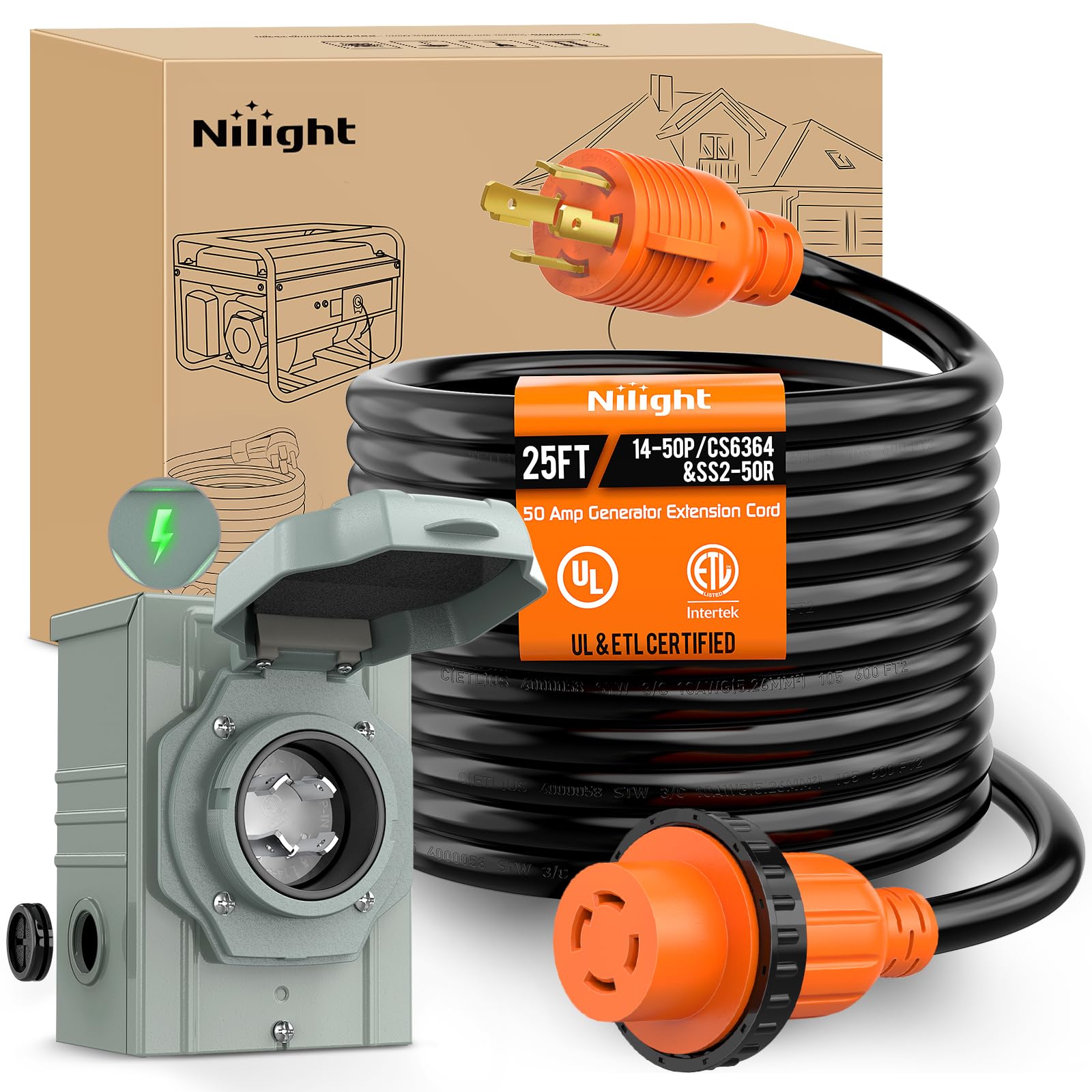 Nilight 30A 25Ft Generator Extension Cord Power Inlet Box With Locking Connector 125/250V 7500W 10 Gauge Stw Etl Listed 4 Prong
