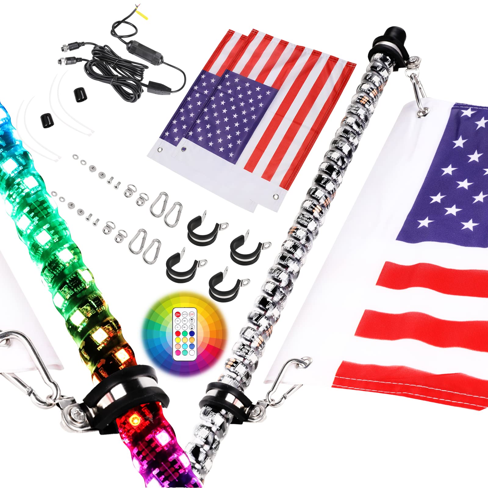 Nirider 2Pcs 4Ft Led Whip Lights With Flag Pole Remote Control Spiral Rgb Chase Light Offroad Warning Lighted Antenna Led Whips