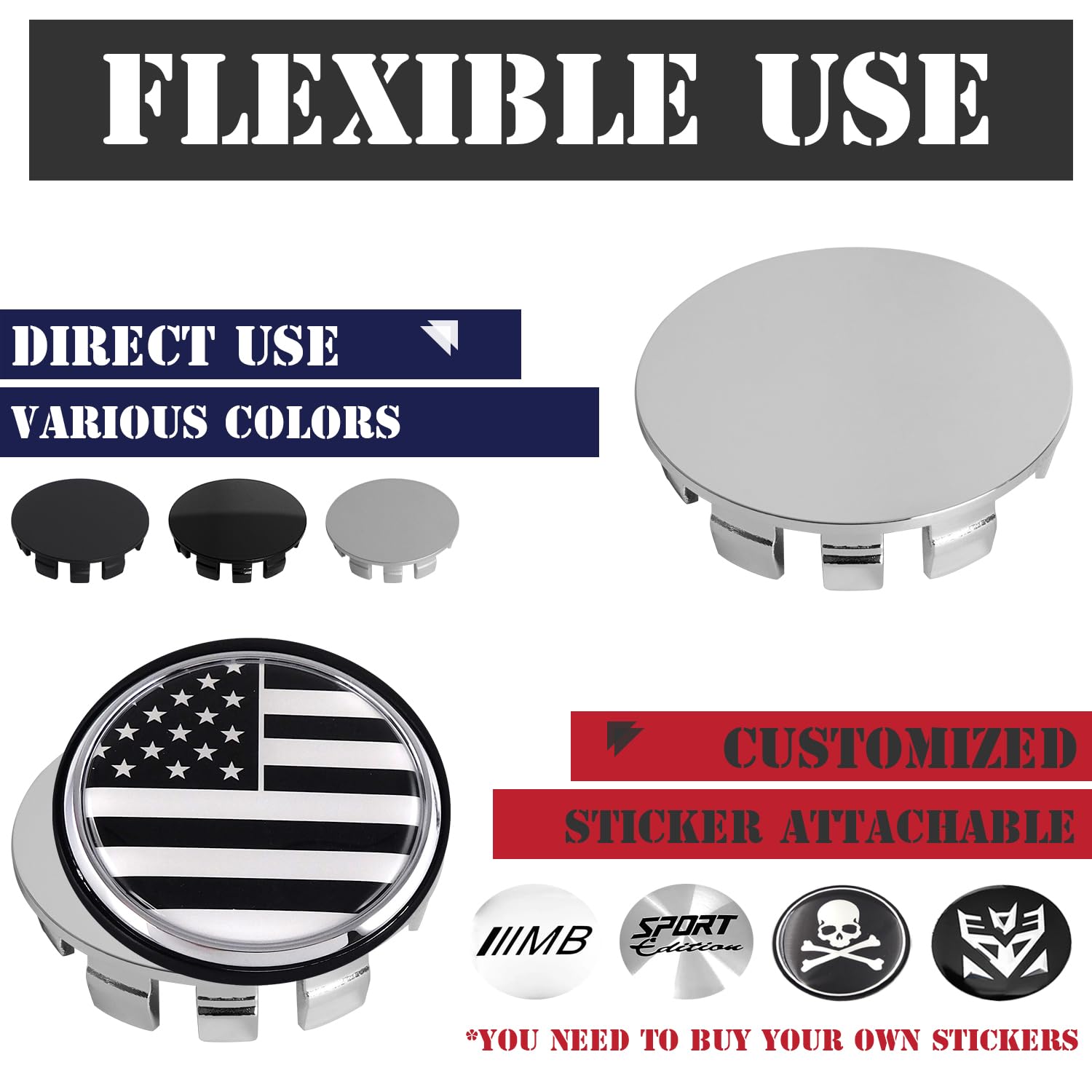 Kitspro 2.4Inch 62Mm Wheel Center Caps, Pack Of 4 (Chrome, Outer 62Mm, Inner 56Mm)