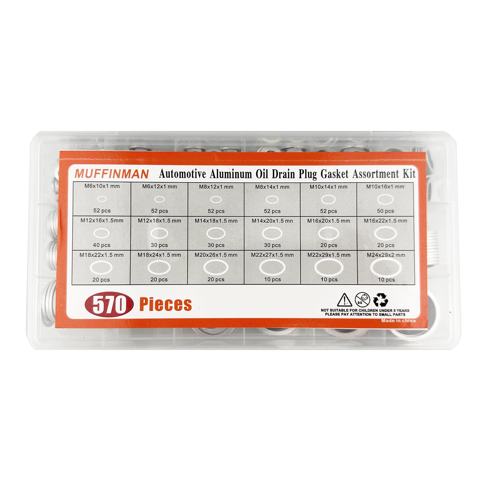 570 Pieces 18 Sizes Oil Drain Plug Gaskets Assortment Kit,Oil Crush Washers, Aluminum Flat Washers Assortment Kit,M6 M8 M10 M12