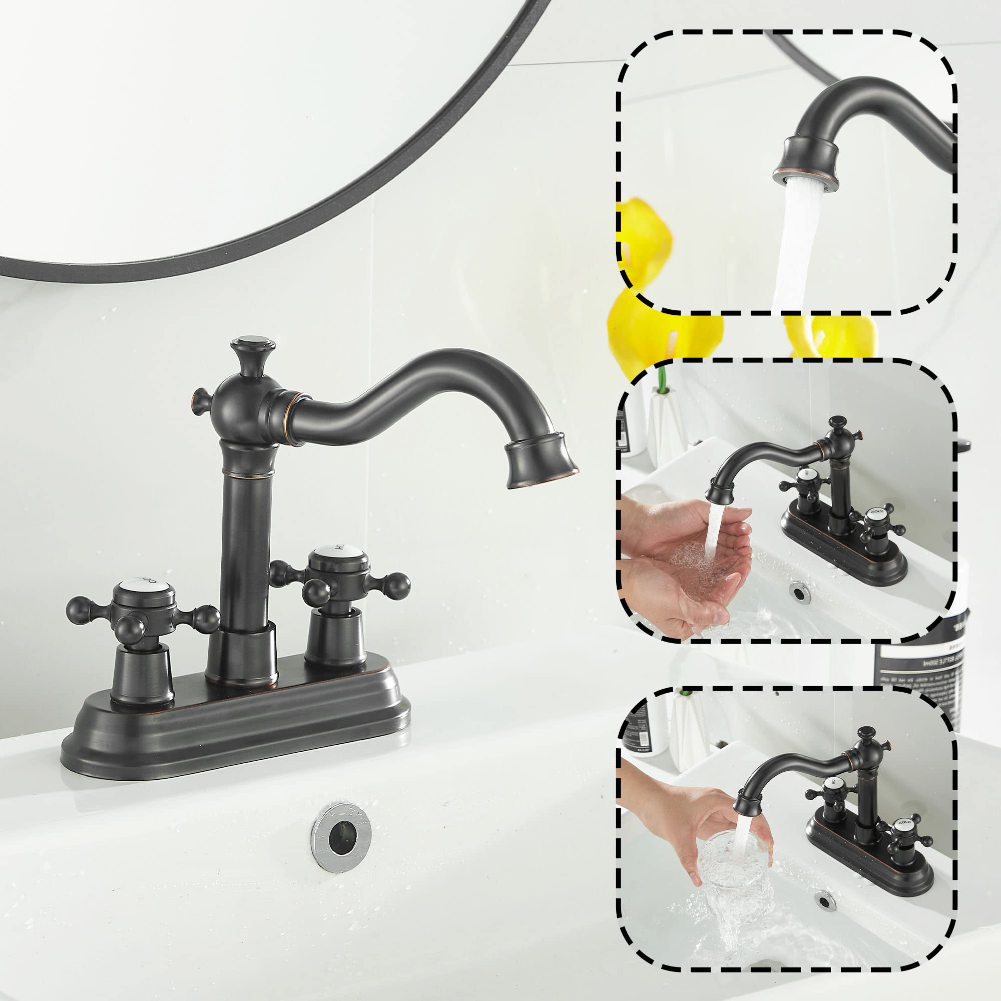 Ggstudy Bathroom Faucet Oil Rubbed Bronze 2 Handles 4 Inches Centerset Rv Vanity With Drain Assembly And Supply Hose