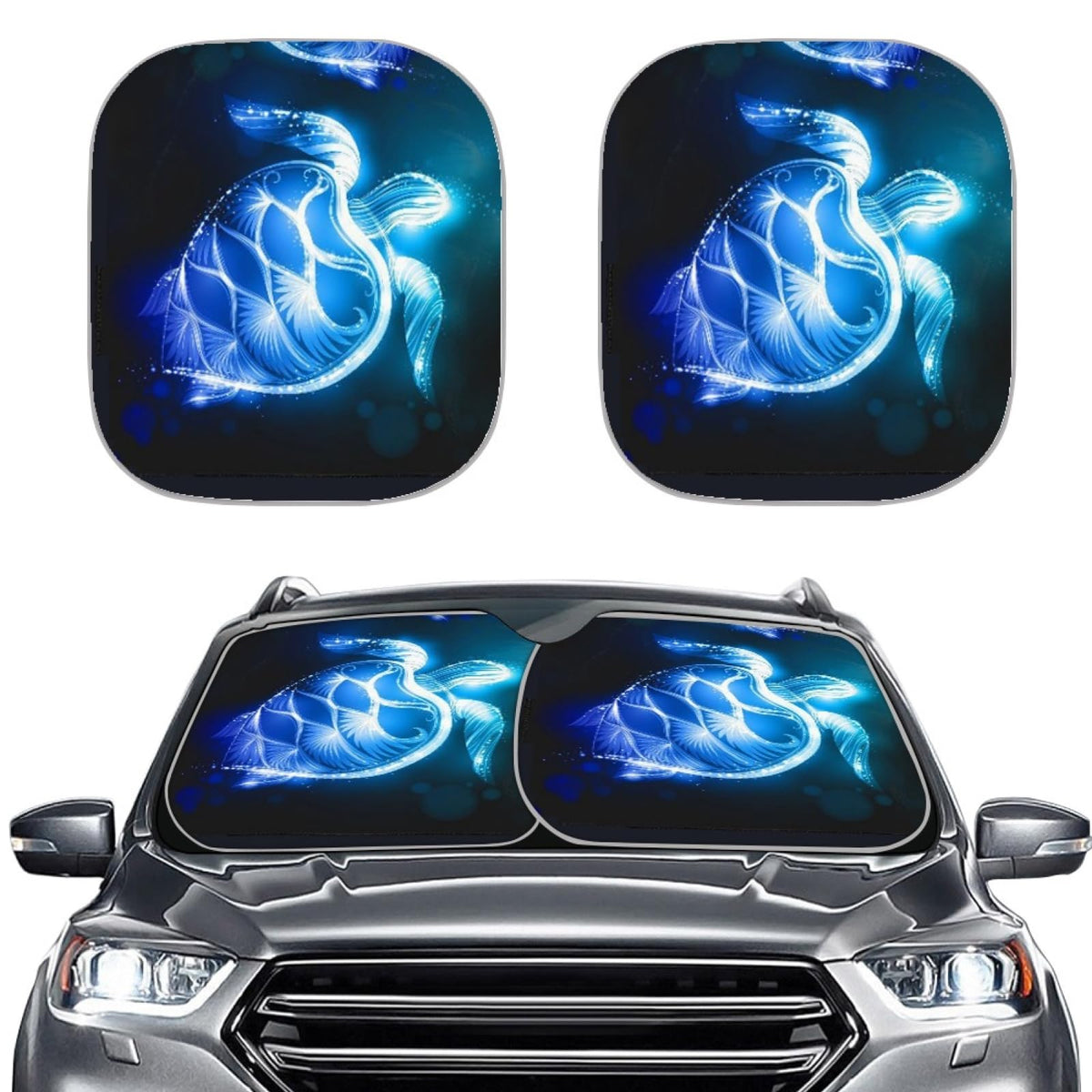 HUISEFOR Blue Neon Turtle Print Windshield Sun Shade 2-Piece Car Front Window Sunshades Sun Visor Protector Blocks Sun Keeps Veh
