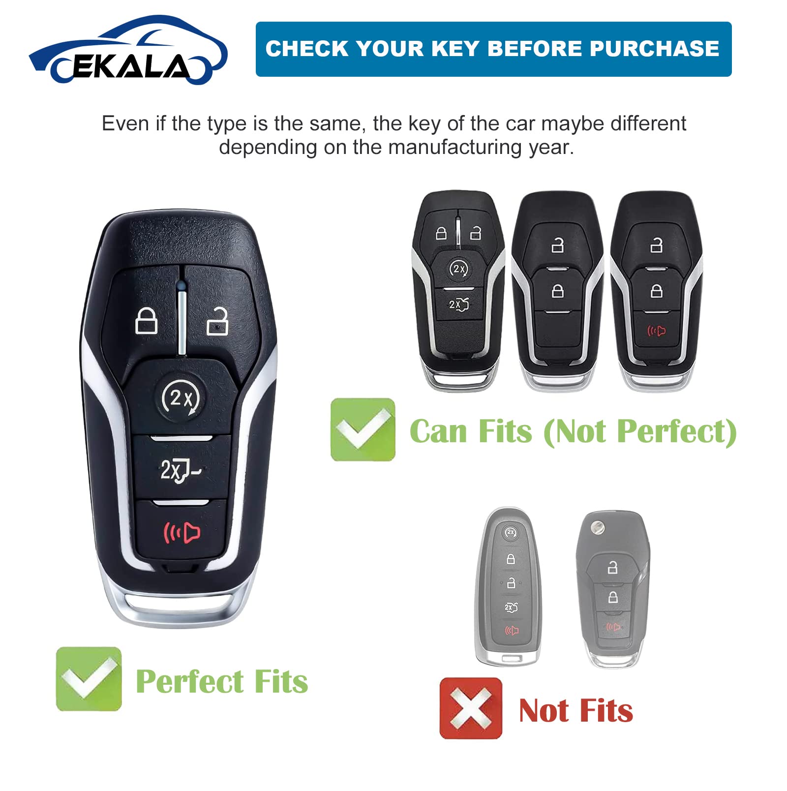 EKALA for Ford Key Fob Cover with Leather Key Fob Keychain, 4 5 Buttons Soft TPU Keys Shells White Key Fob Cover Compatible with