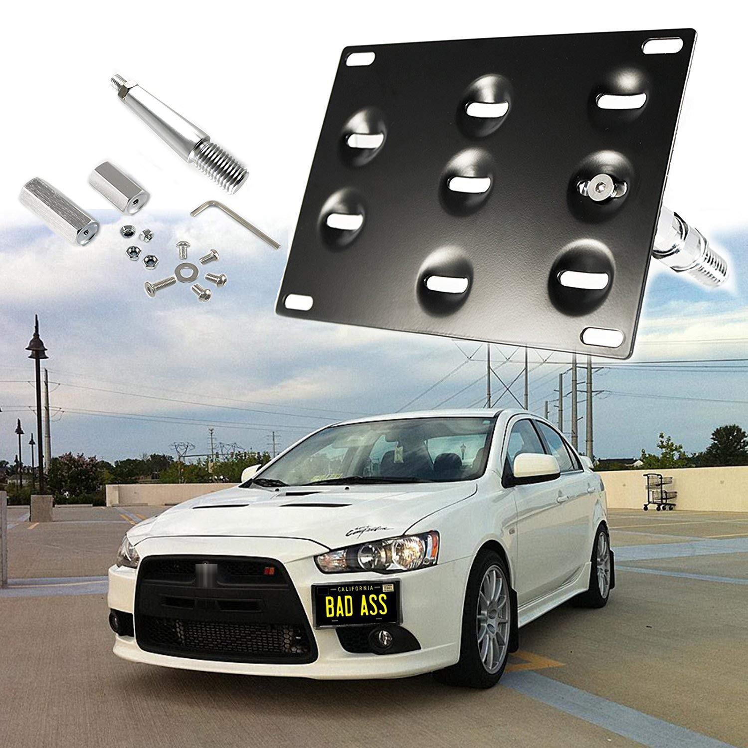 1 Set Front Tow Hook License Plate Bumper Mounting Bracket Fit Mitsubishi Lancer Evolution Evo X [Black]