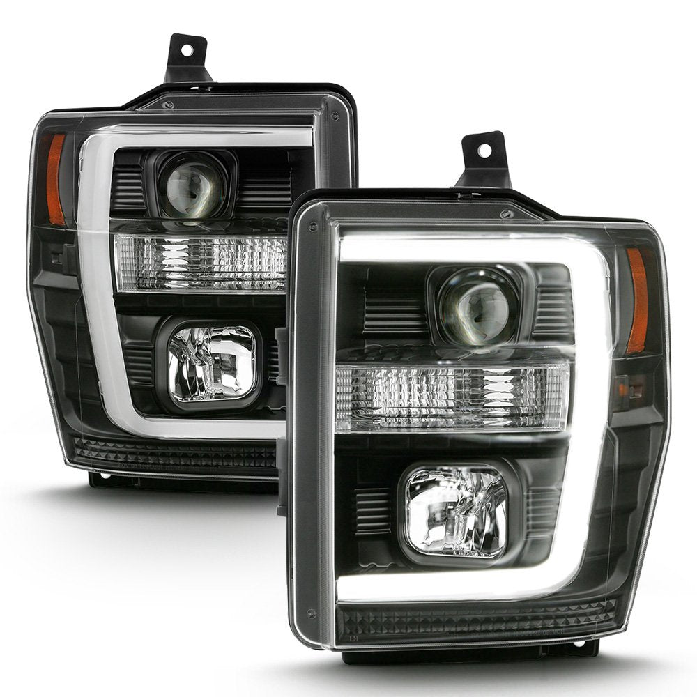 Acanii - For Black 2008 2009 2010 Ford F250 F350 Superduty Pickup Led Tube Projector Headlights Headlamps Set Left+Right