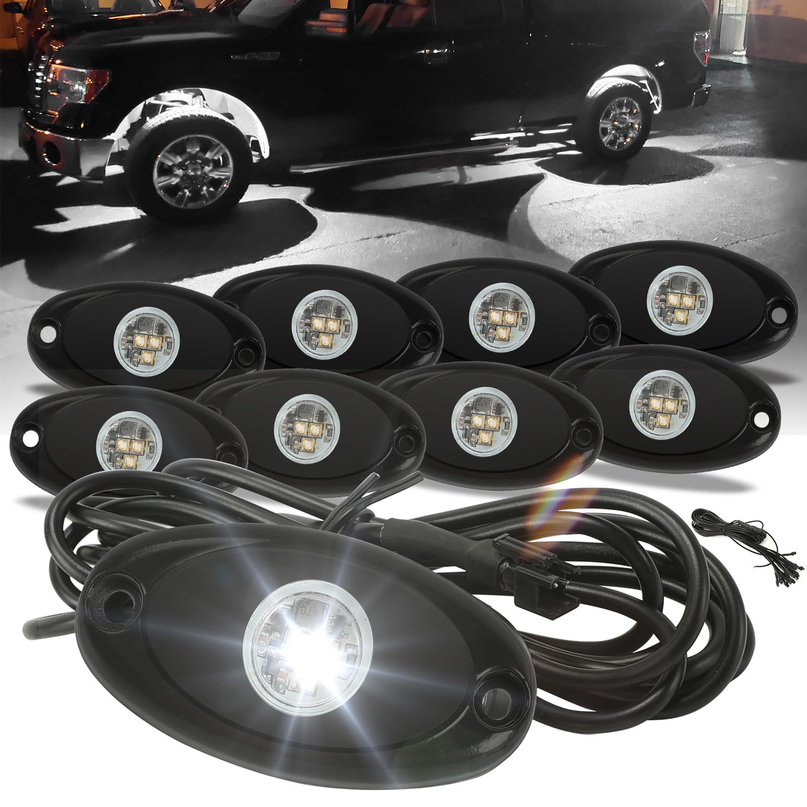 Sunpie 8 Pods Quick Connect White Rock Lights, 4M Extension Wires Each Light, 3 High Power Chips, 6000K Pure White, Rubber Mount