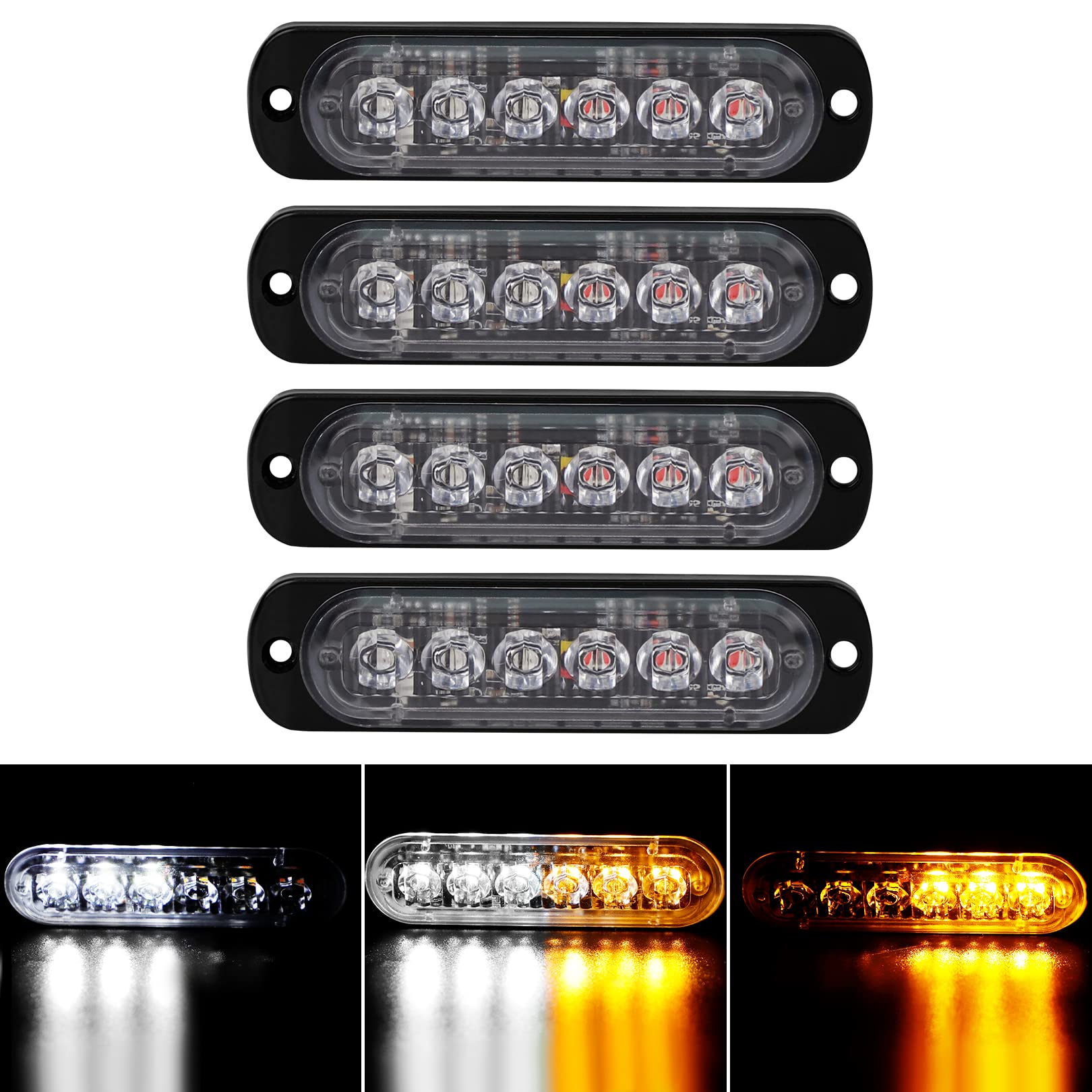 4-Pack 6 Led Amber Strobe Lights Vehicles Trucks Emergency Lights Kit 12V -24V Warning Hazard Flash Lights Bar Grill Grille Surf